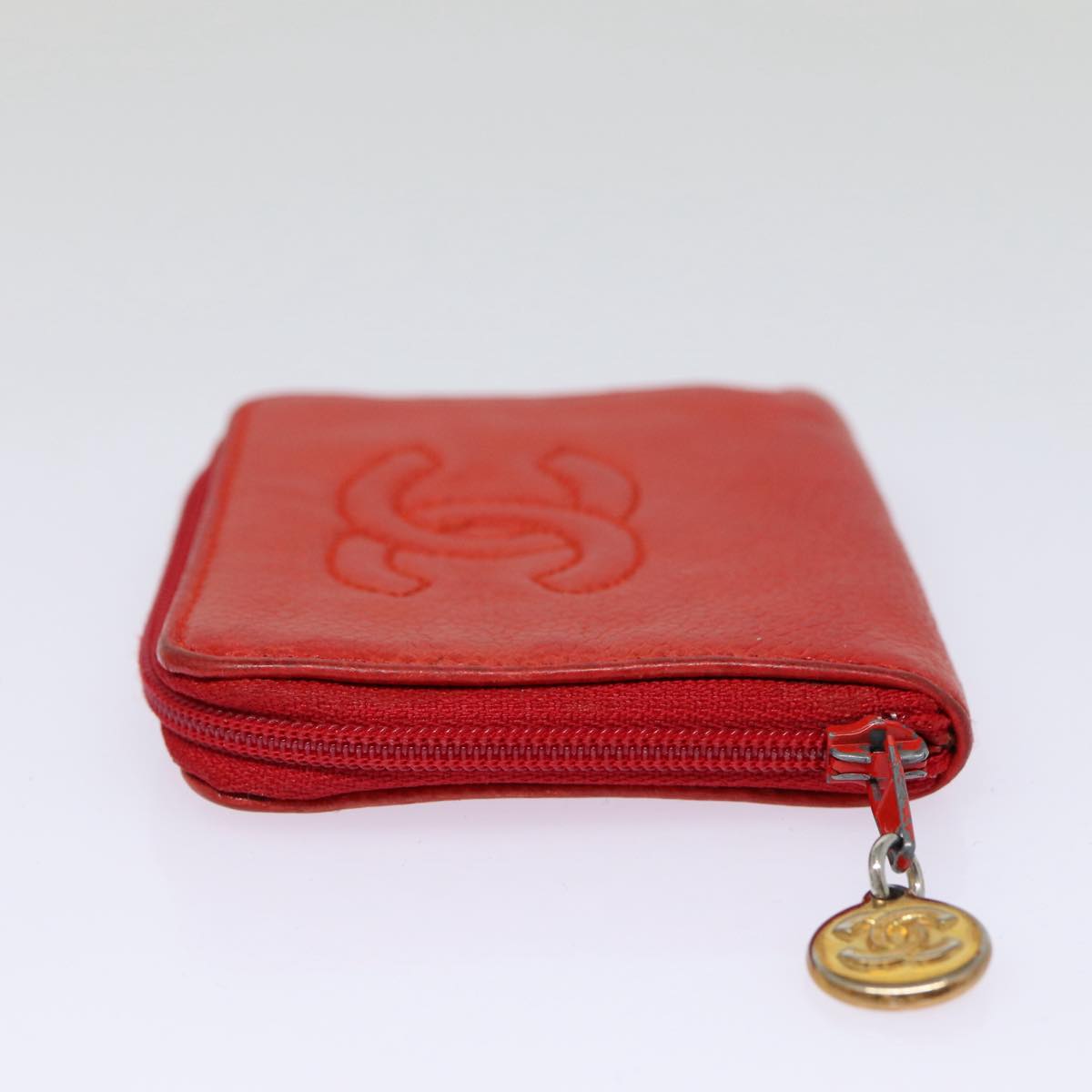 CHANEL COCO Mark Coin Purse Caviar Skin Gold Red CC Auth 88633