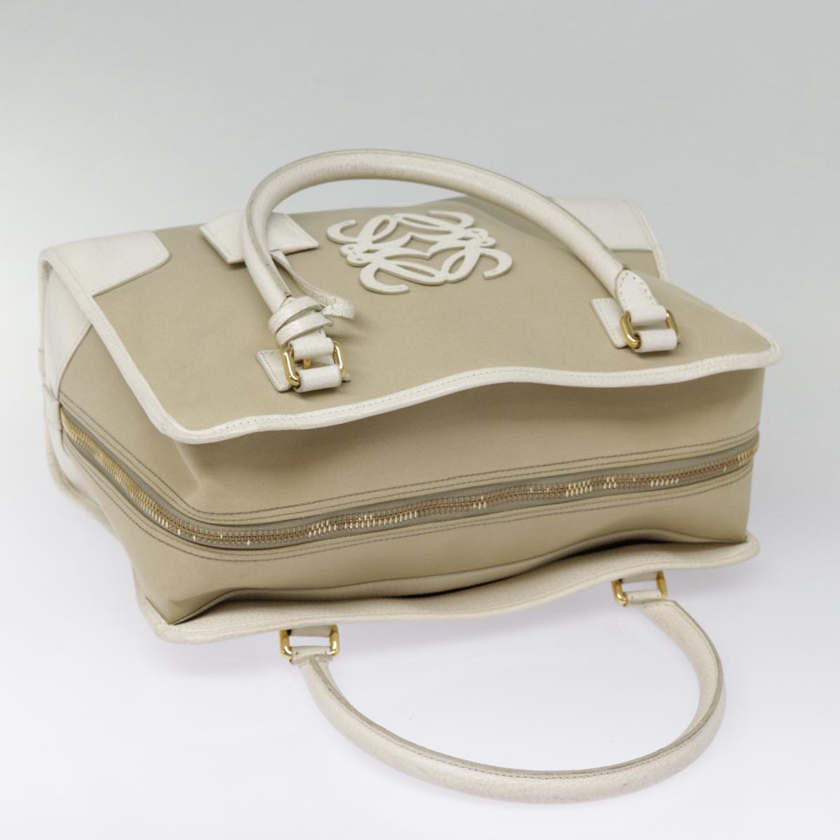 LOEWE Anagram Hand Bag Canvas Beige Gold Auth 88659