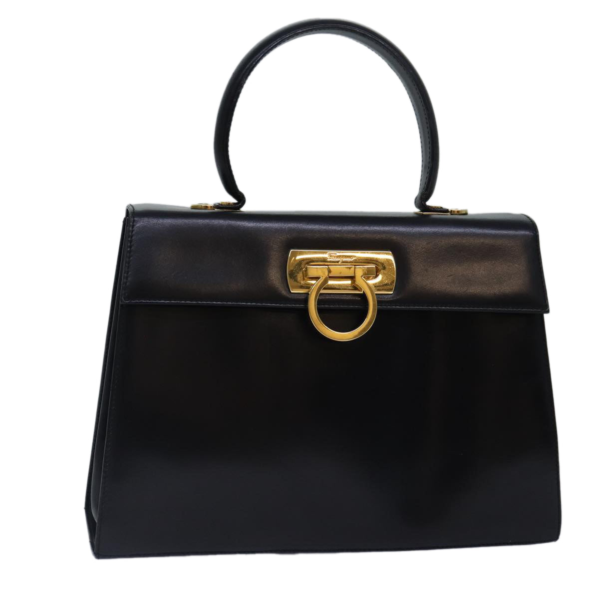 Salvatore Ferragamo Gancini Hand Bag Leather Black Gold Auth 88670