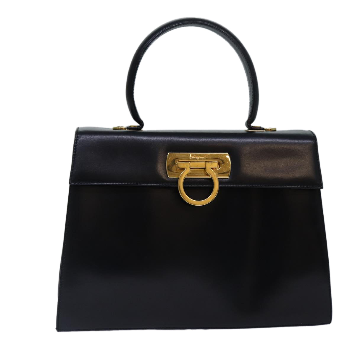 Salvatore Ferragamo Gancini Hand Bag Leather Black Gold Auth 88670