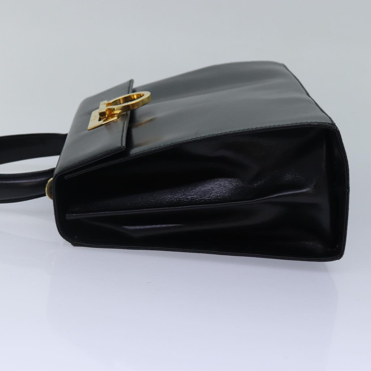 Salvatore Ferragamo Gancini Hand Bag Leather Black Gold Auth 88670