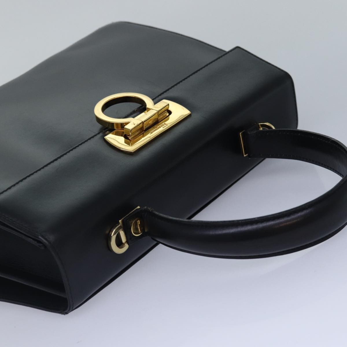 Salvatore Ferragamo Gancini Hand Bag Leather Black Gold Auth 88670