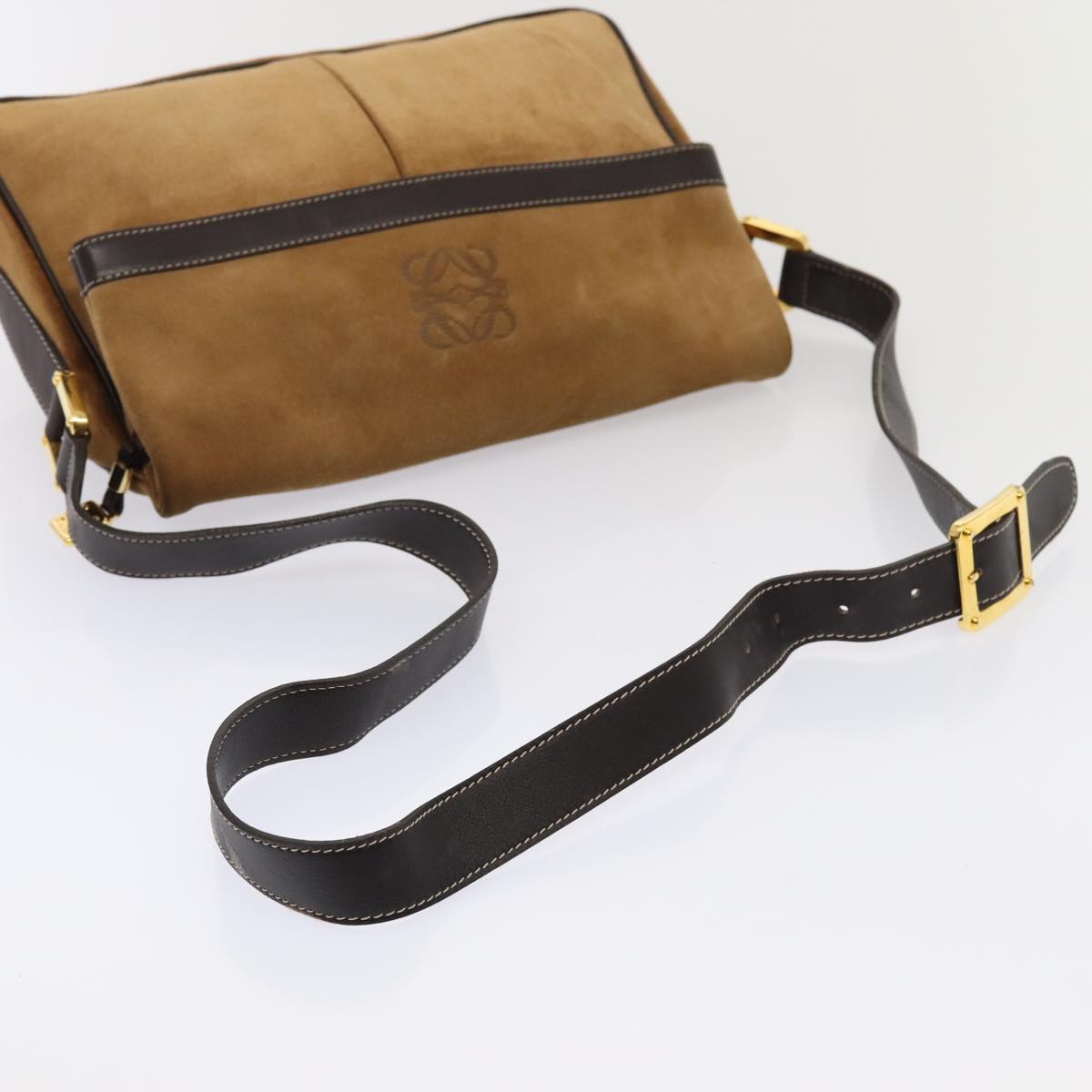 LOEWE Anagram Shoulder Bag Suede Gold Brown Auth 88690