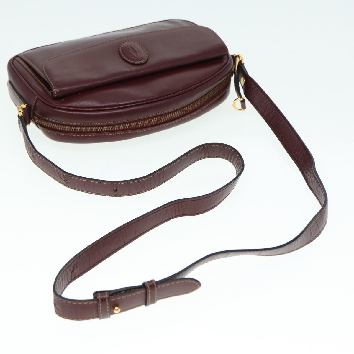 CARTIER Shoulder Bag Leather Red Gold Auth 88700