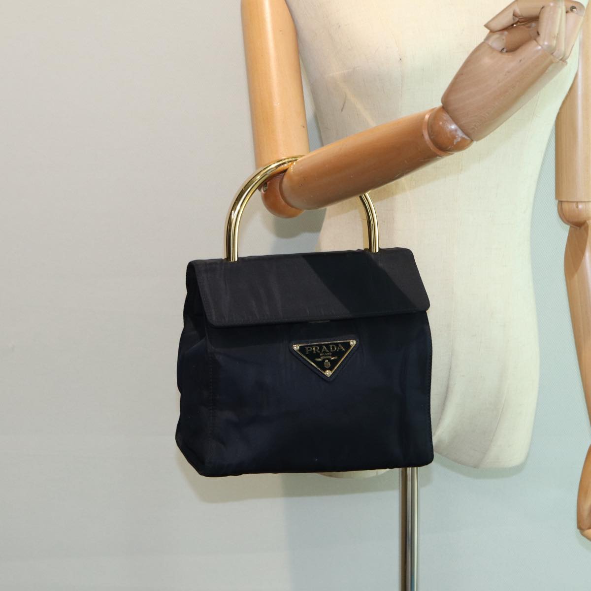 PRADA Hand Bag Nylon Navy Gold Auth 88719