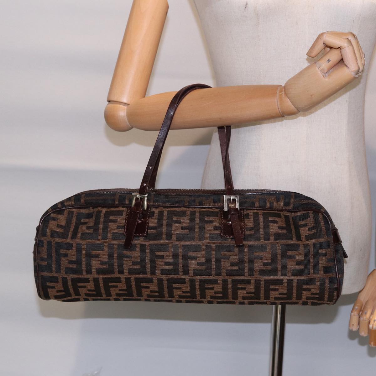 FENDI Zucca Canvas Hand Bag Brown Black Silver Auth 88785