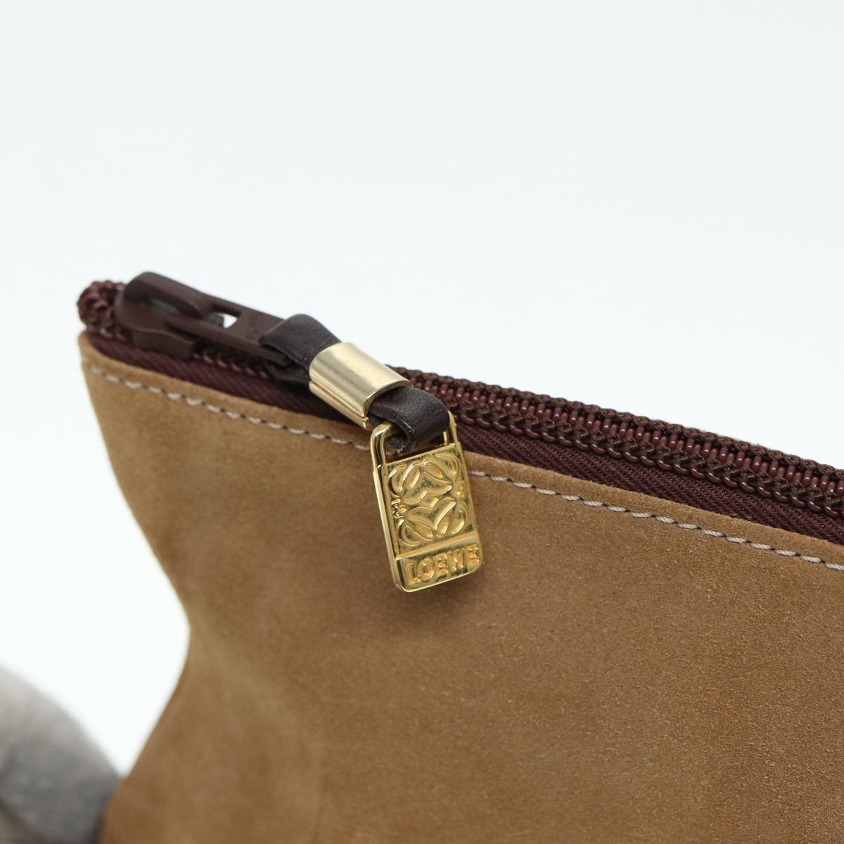 LOEWE Anagram Pouch Suede Brown Gold Auth 88791