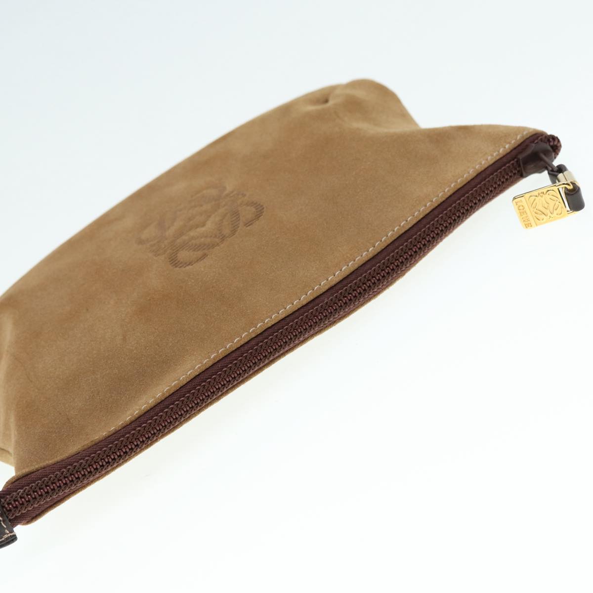 LOEWE Anagram Pouch Suede Brown Gold Auth 88791