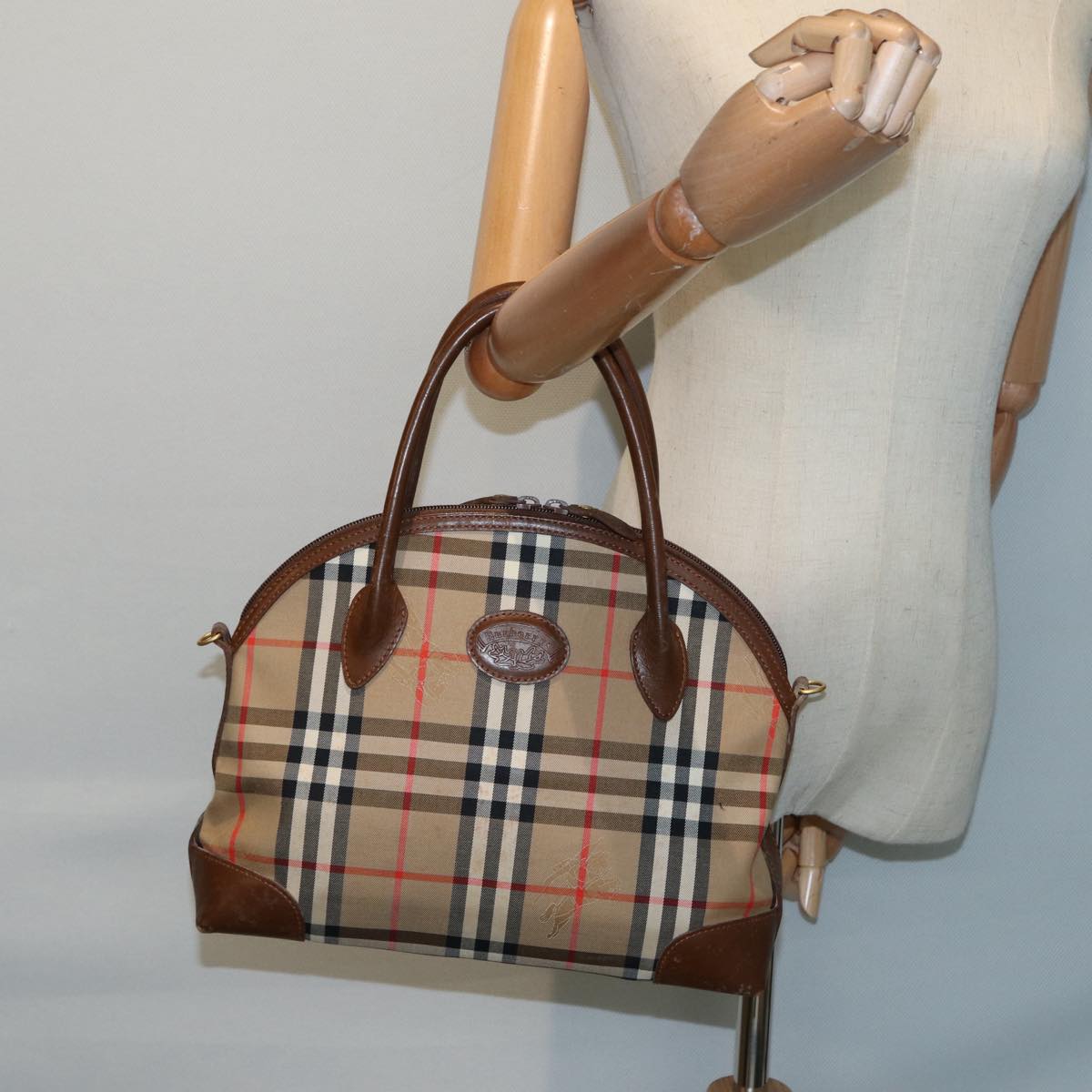 Burberrys Nova Check Hand Bag Canvas Leather Beige Gold Auth 88813