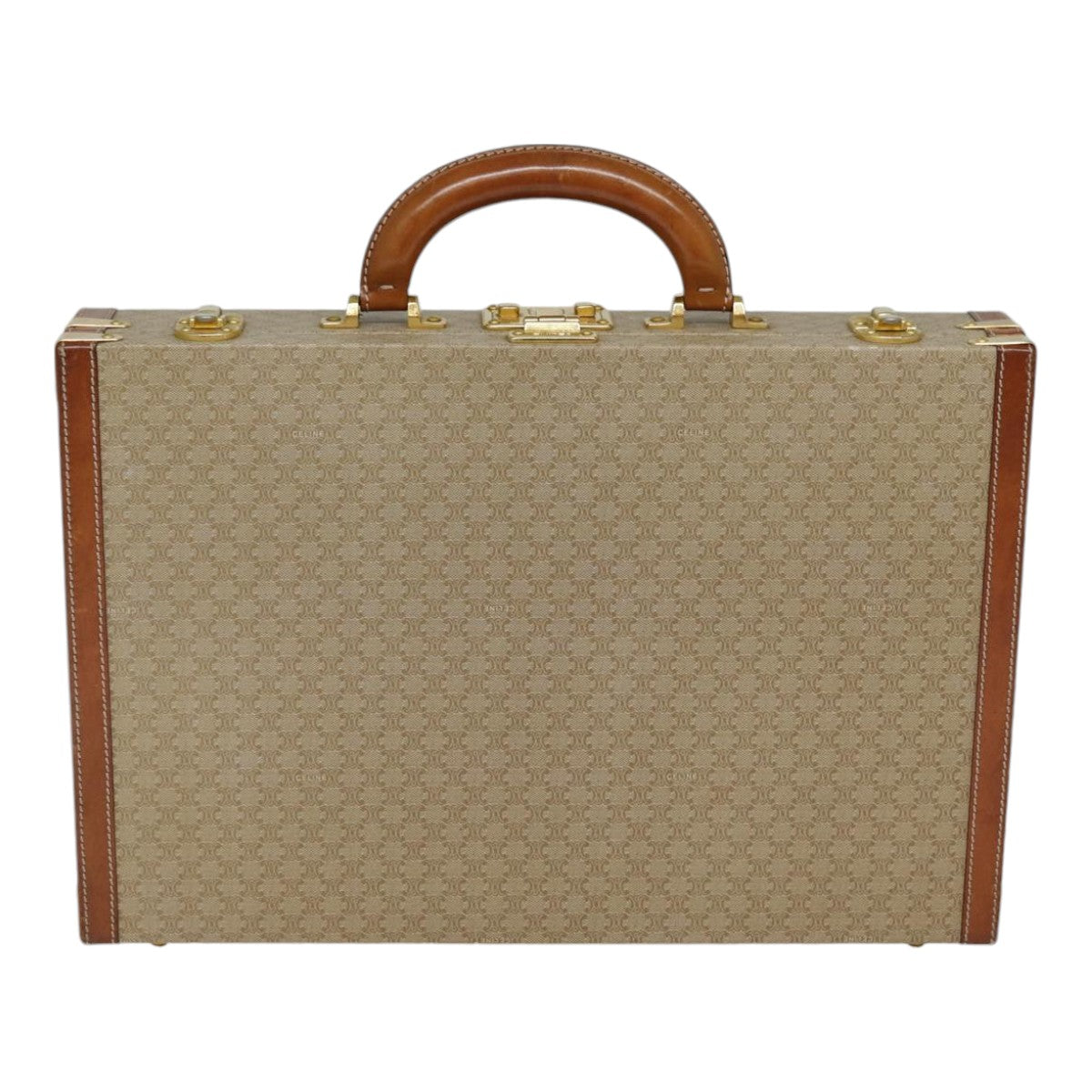 CELINE Macadam Canvas Attache Case Beige Brown Gold Auth 88818