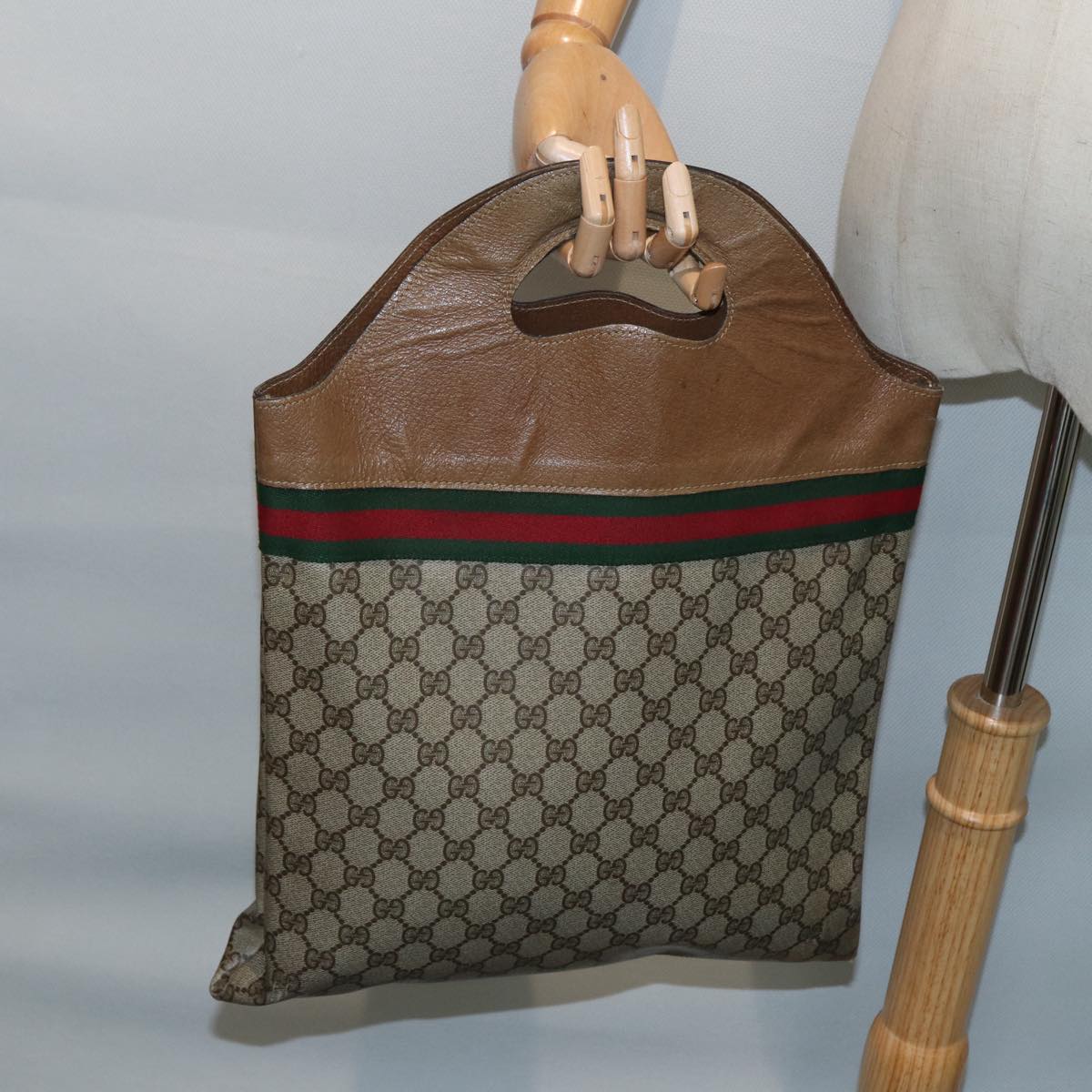 GUCCI GG Supreme Web Sherry Line Hand Bag PVC Leather Beige Auth 88823