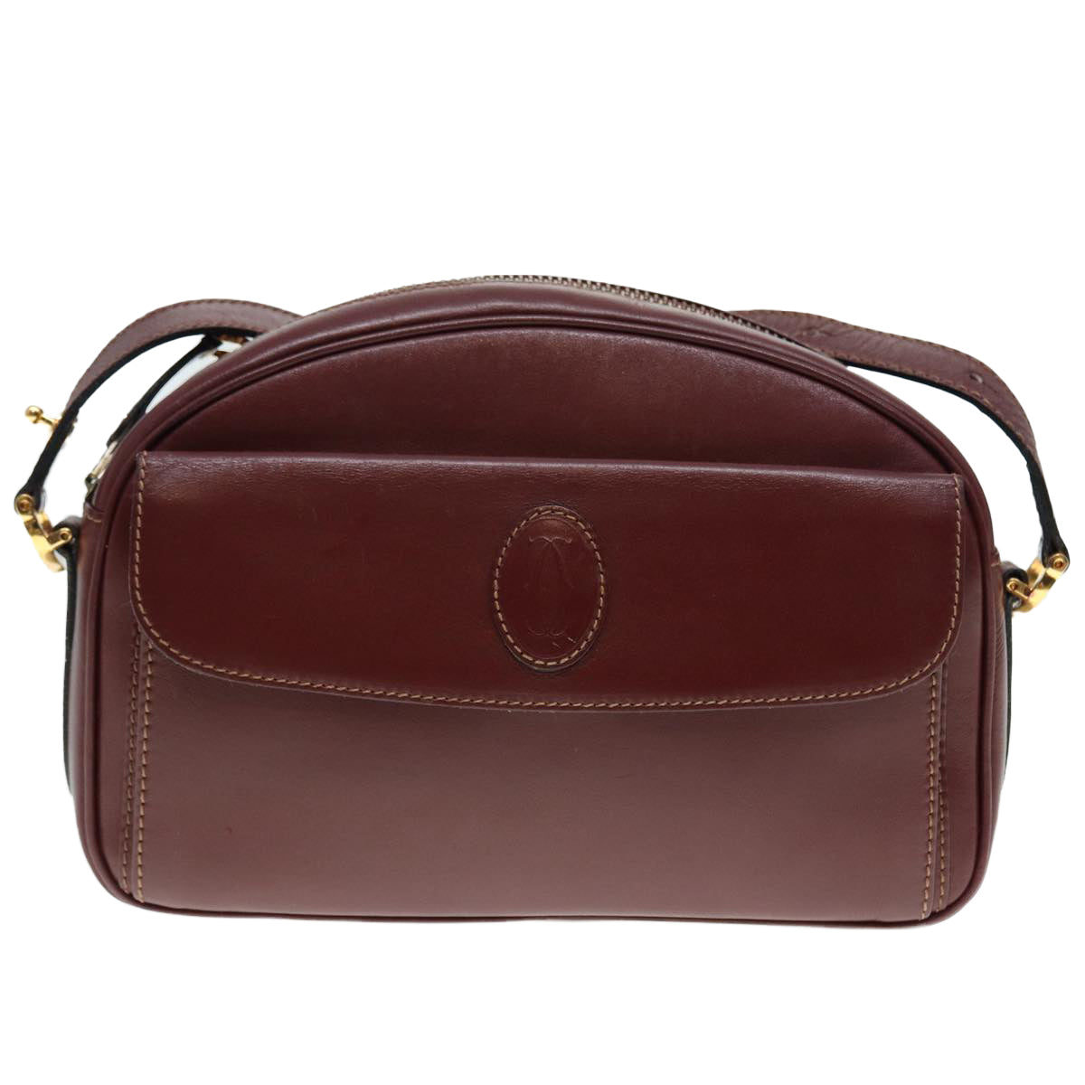 CARTIER Shoulder Bag Leather Red Gold Auth 88833