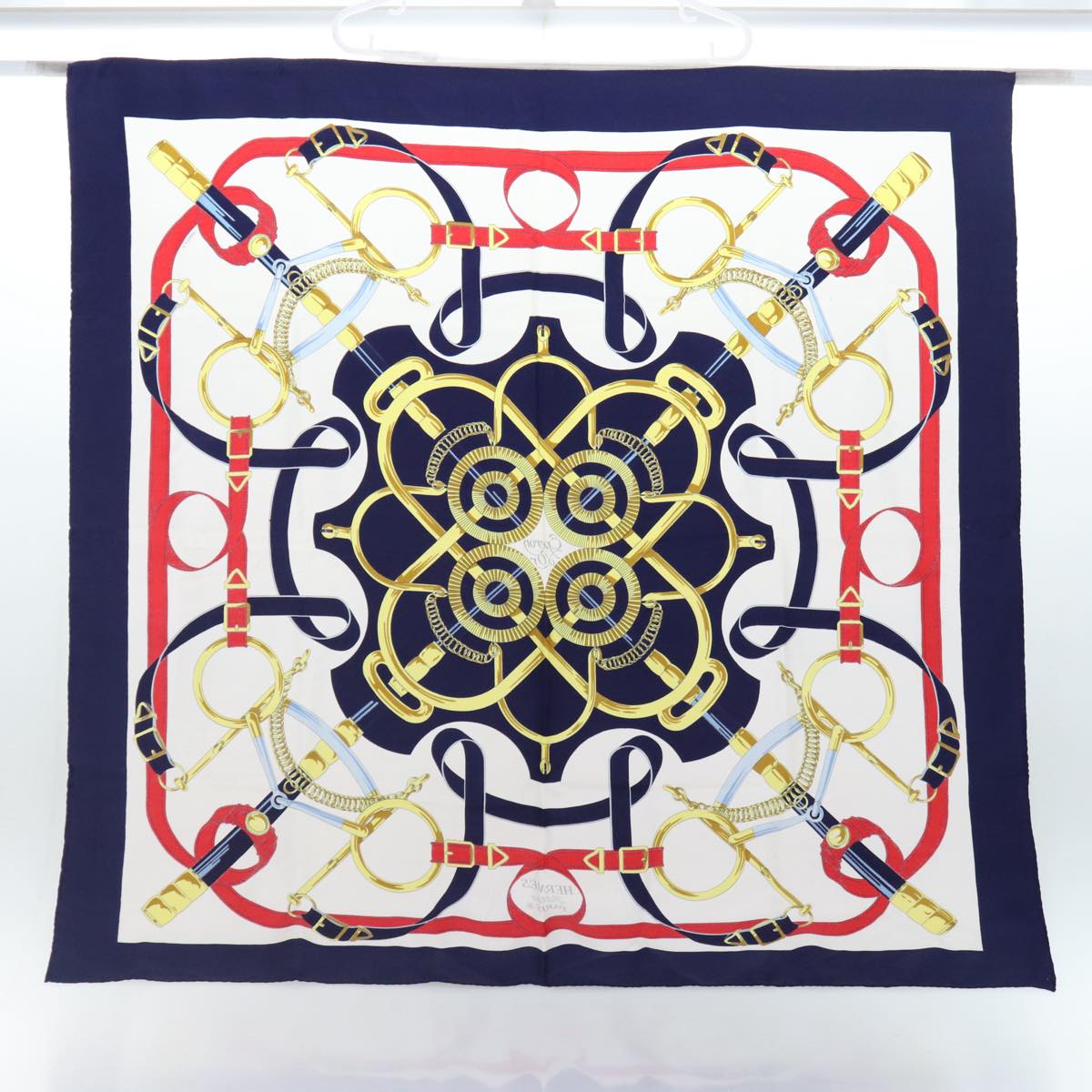 HERMES Carre 90 Scarf ""Eperon d'or Tellier""  Silk Navy Auth 88873