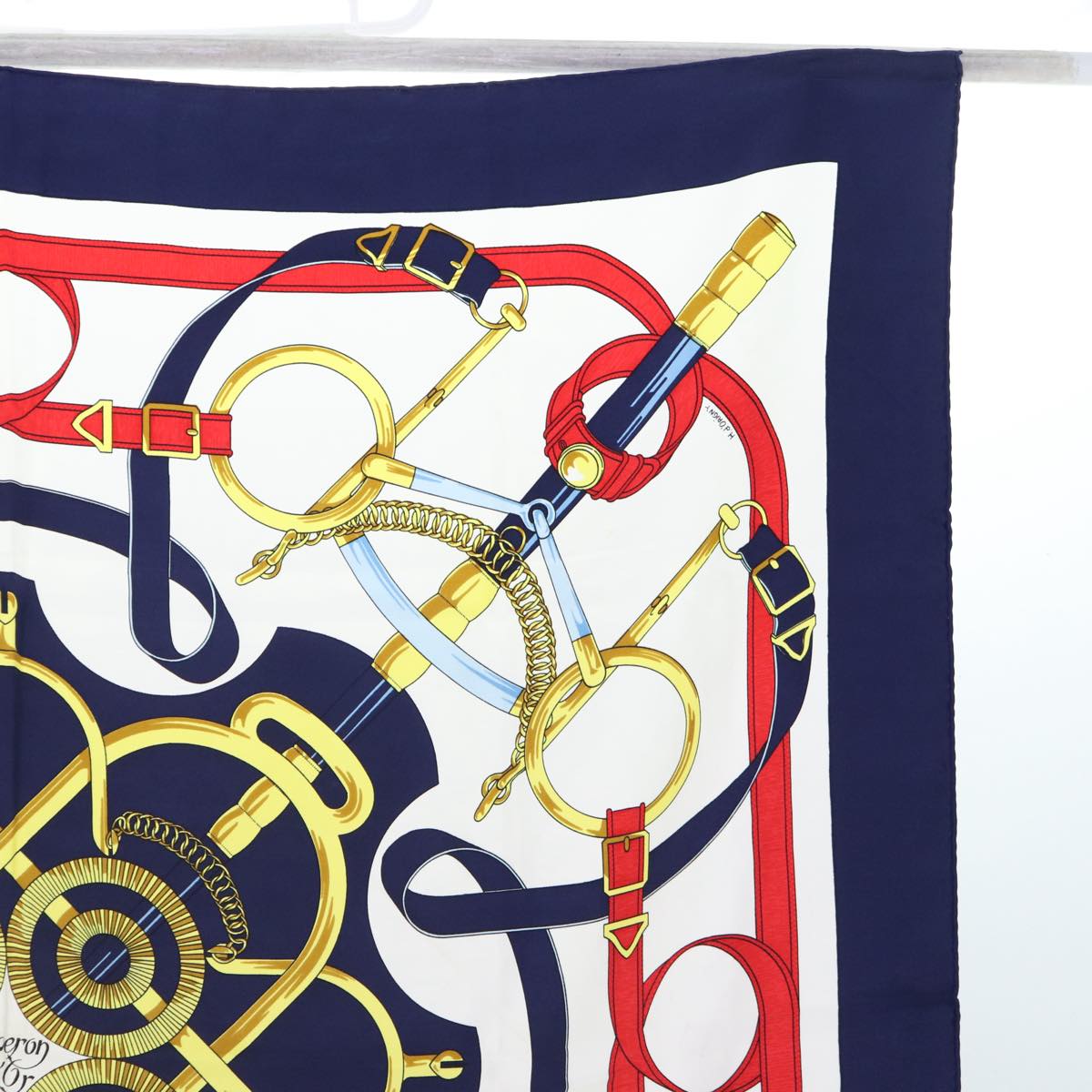 HERMES Carre 90 Scarf ""Eperon d'or Tellier""  Silk Navy Auth 88873