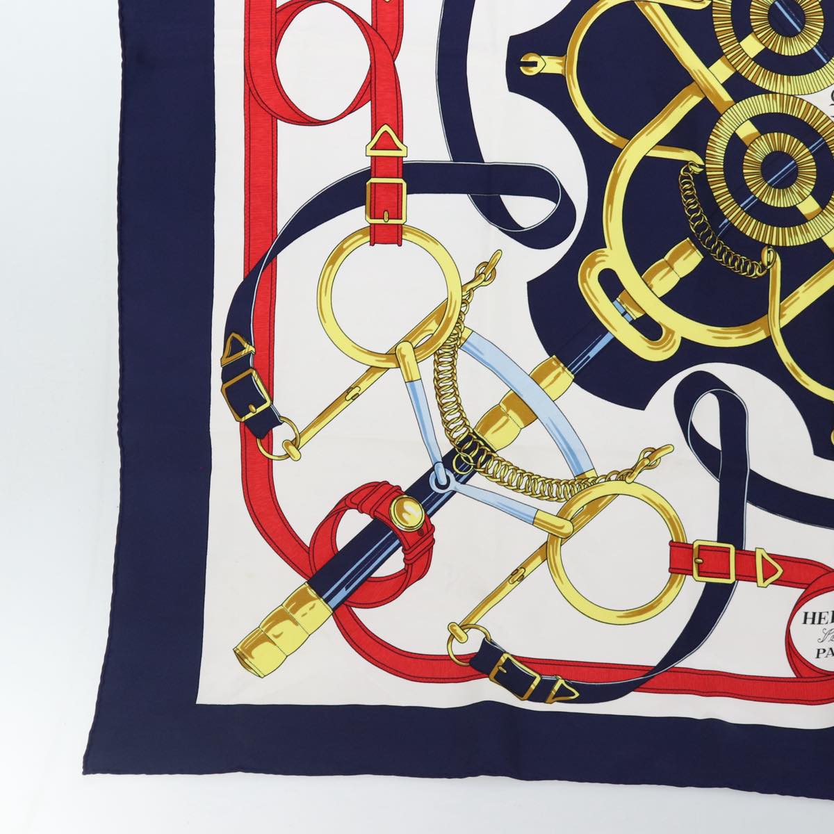 HERMES Carre 90 Scarf ""Eperon d'or Tellier""  Silk Navy Auth 88873