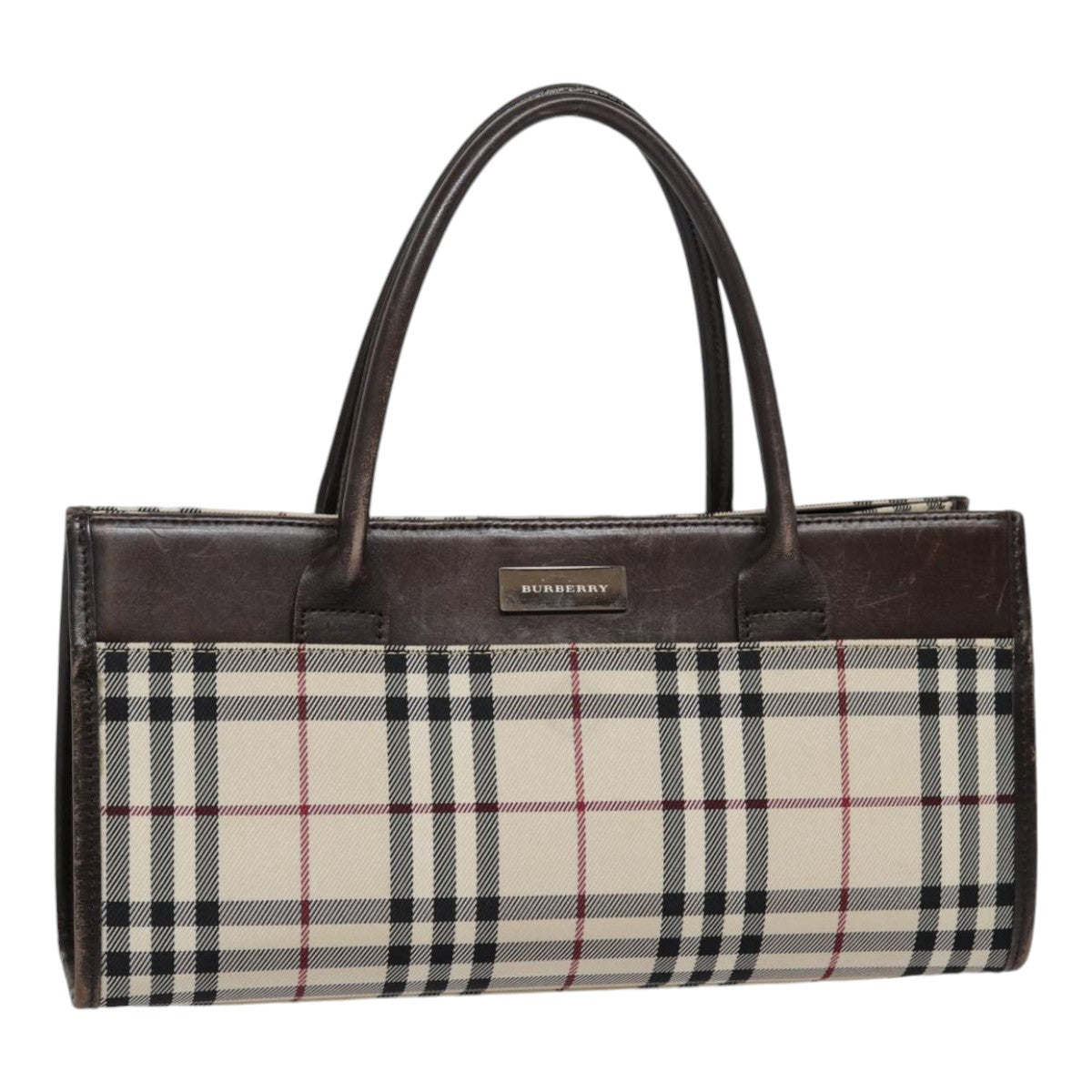 BURBERRY Nova Check Hand Bag Nylon Leather Beige Silver Auth 88966