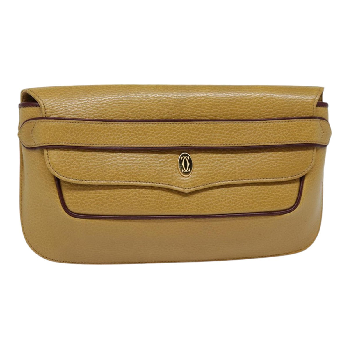 CARTIER Clutch Bag Leather Beige Gold Auth 88975