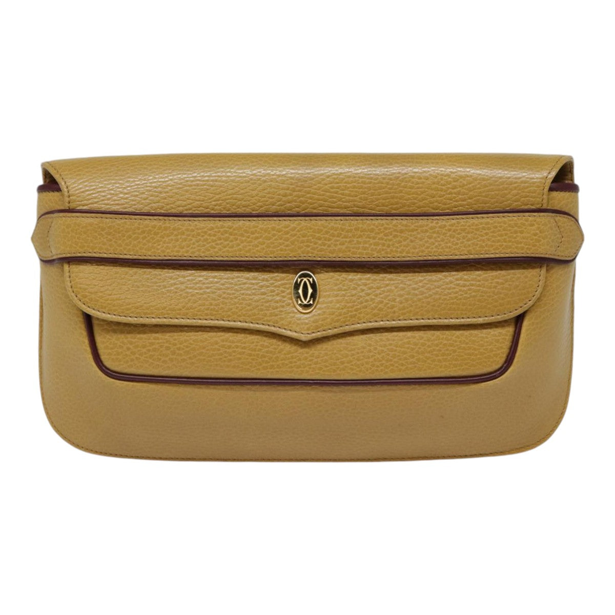 CARTIER Clutch Bag Leather Beige Gold Auth 88975