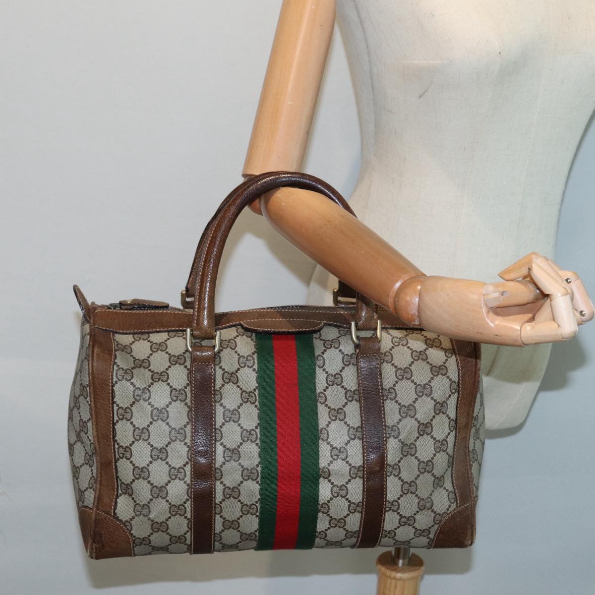 GUCCI GG Supreme Hand Bag PVC Leather Beige Gold Auth 89032