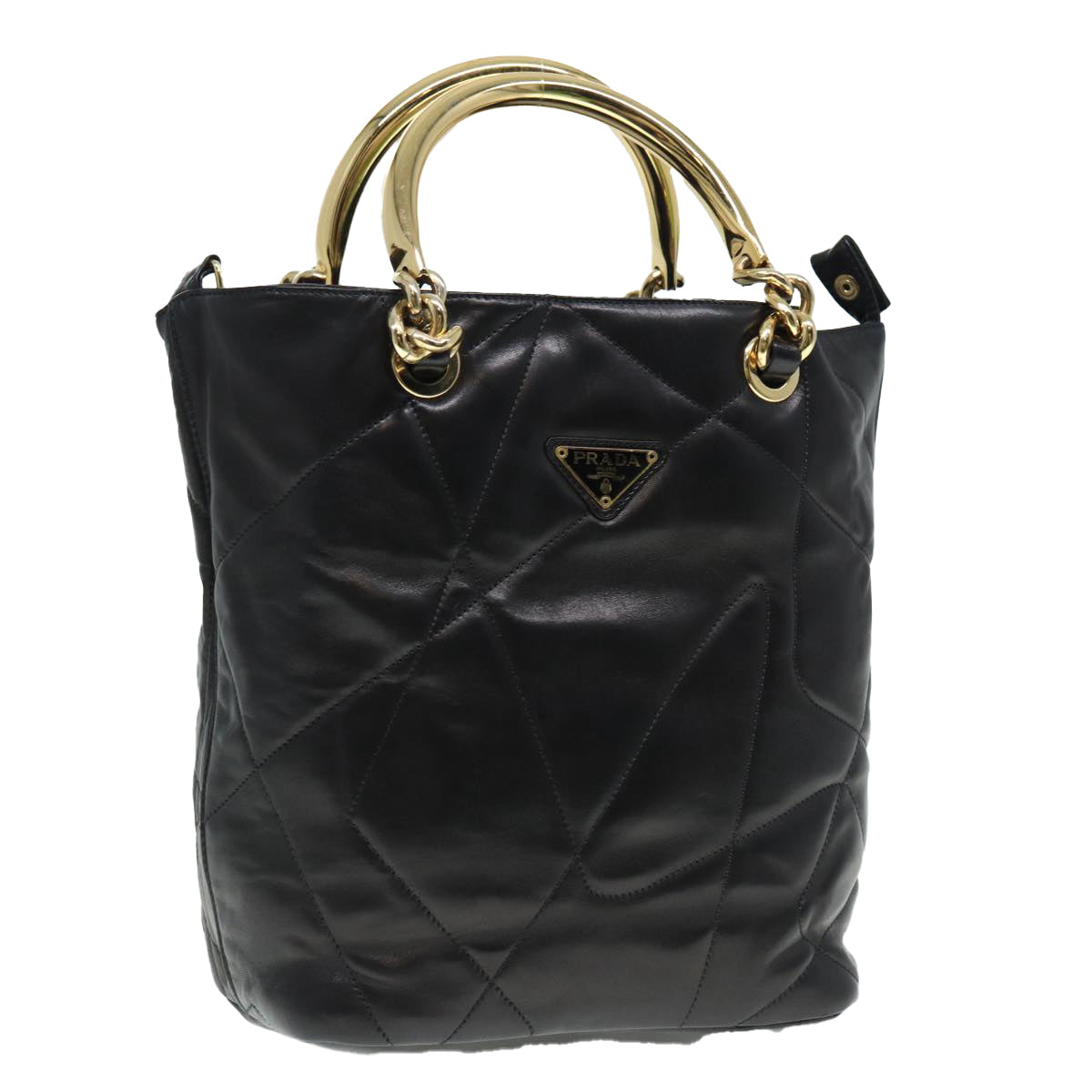 PRADA Hand Bag Leather Black Gold Auth 89038