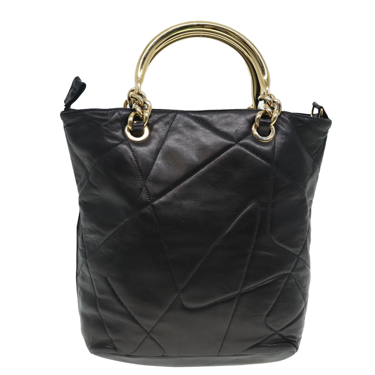 PRADA Hand Bag Leather Black Gold Auth 89038