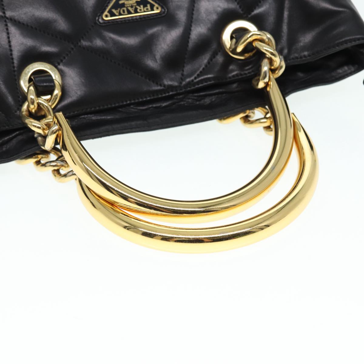 PRADA Hand Bag Leather Black Gold Auth 89038