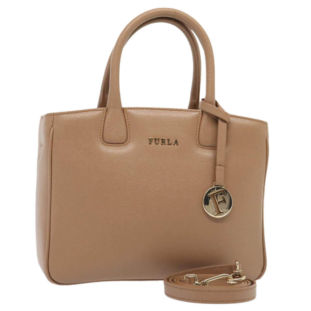 FURLA Hand Bag Leather 2way Beige Gold Auth 89062