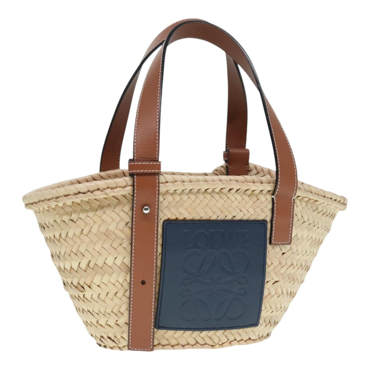 LOEWE Basket Bag Raffia Leather Beige Navy Silver Auth 89067