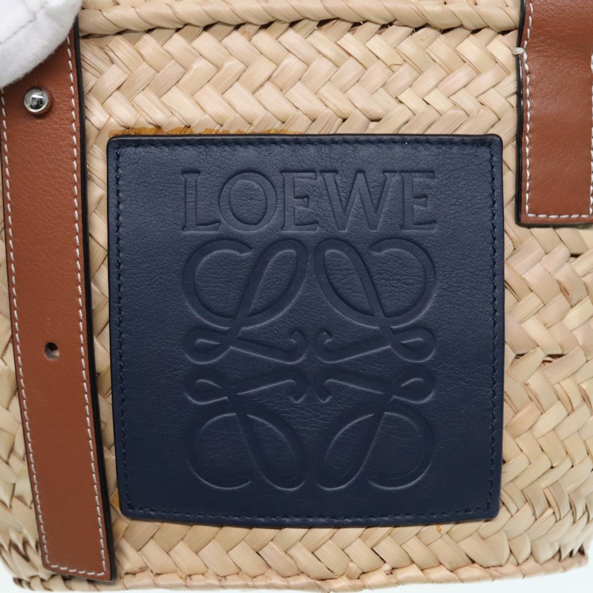 LOEWE Basket Bag Raffia Leather Beige Navy Silver Auth 89067