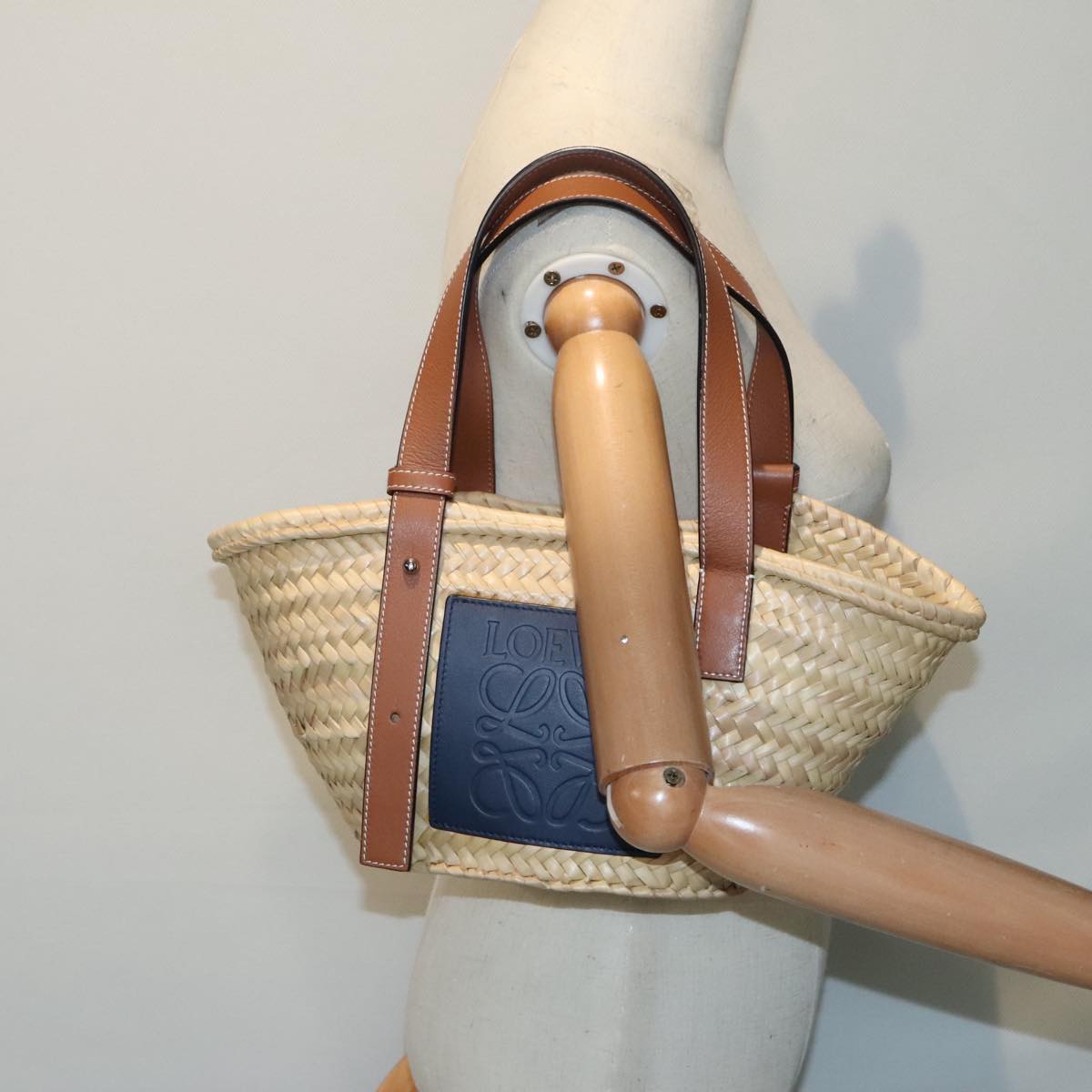 LOEWE Basket Bag Raffia Leather Beige Navy Silver Auth 89067