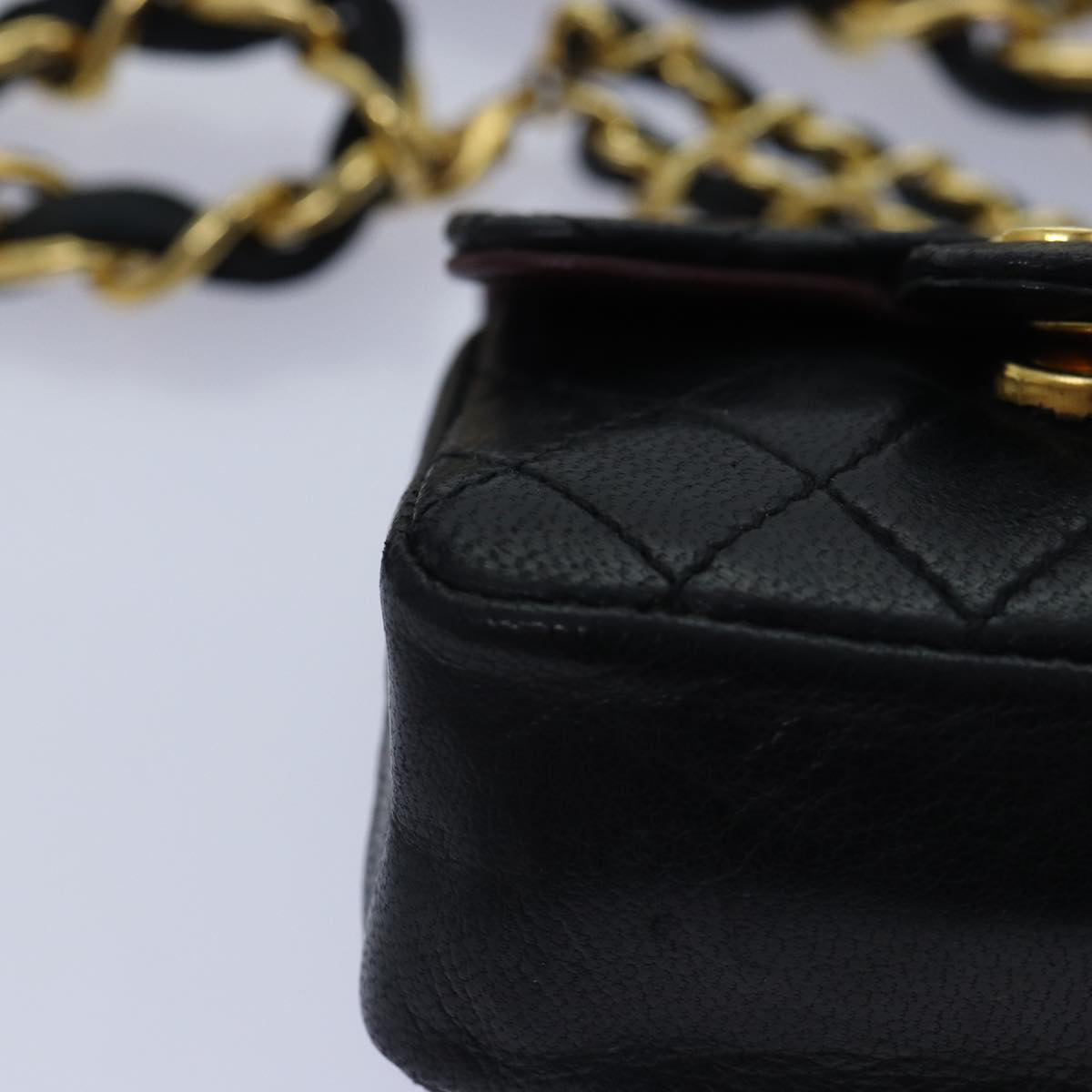 CHANEL Mini Mini Matelasse Chain Pouch Lamb Skin Black Gold CC Auth 89068A