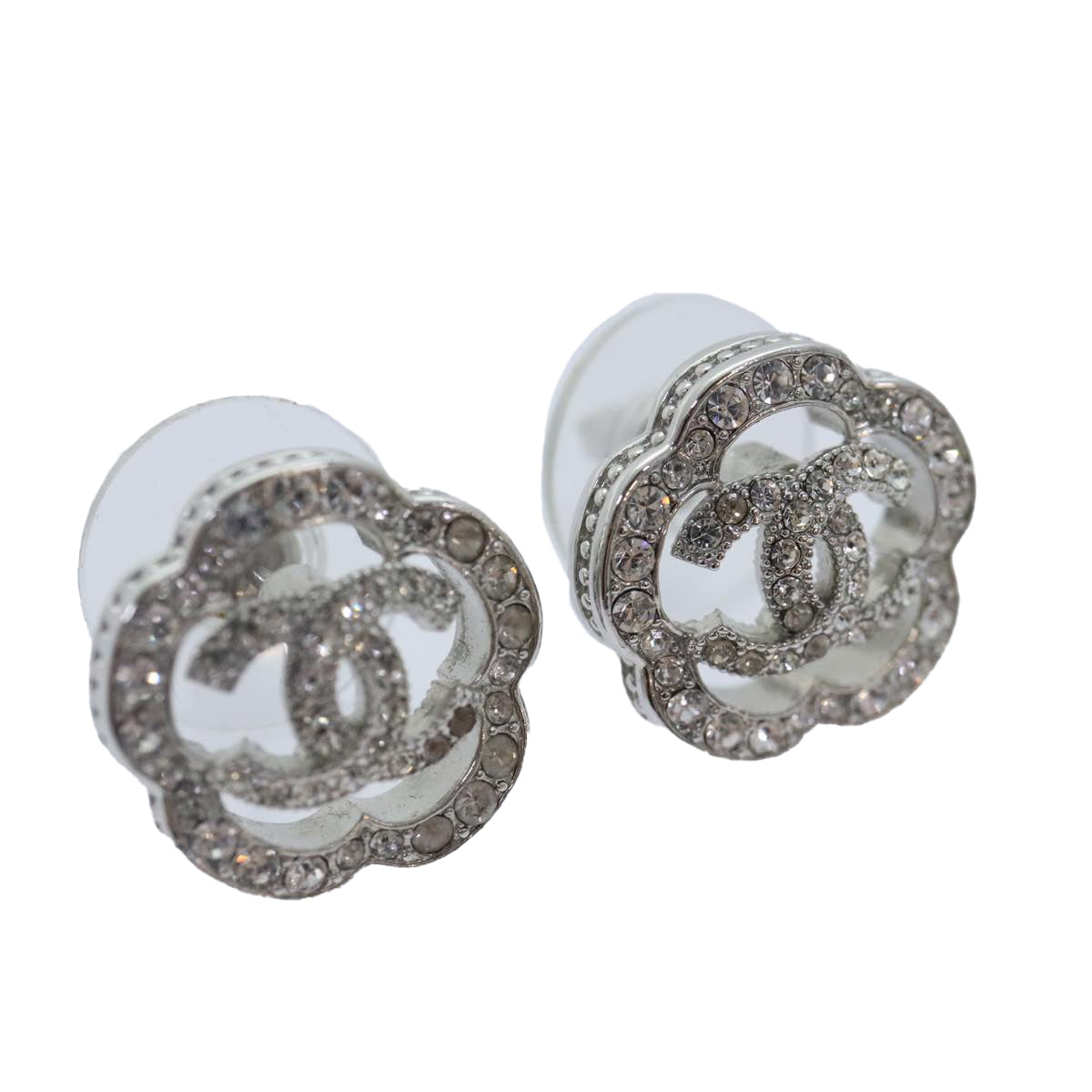 CHANEL Camelia Pierce Earring metal Silver CC Auth 89077