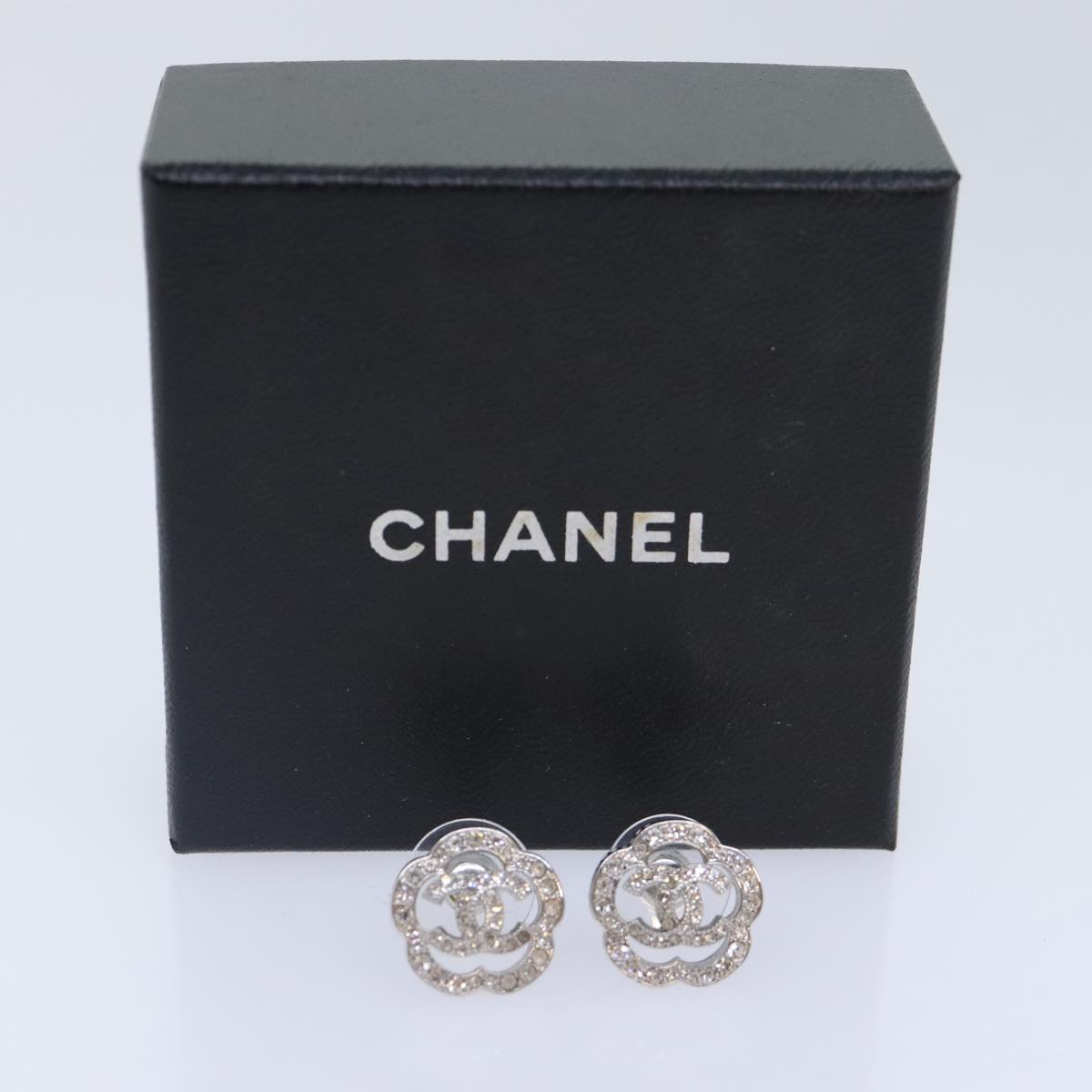 CHANEL Camelia Pierce Earring metal Silver CC Auth 89077