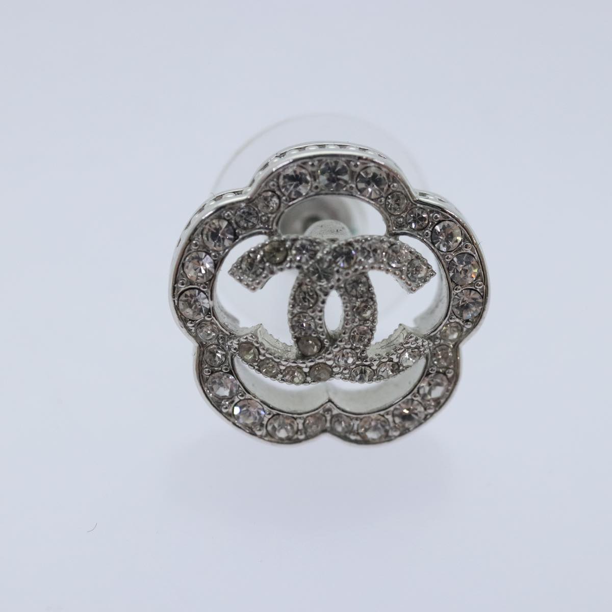 CHANEL Camelia Pierce Earring metal Silver CC Auth 89077