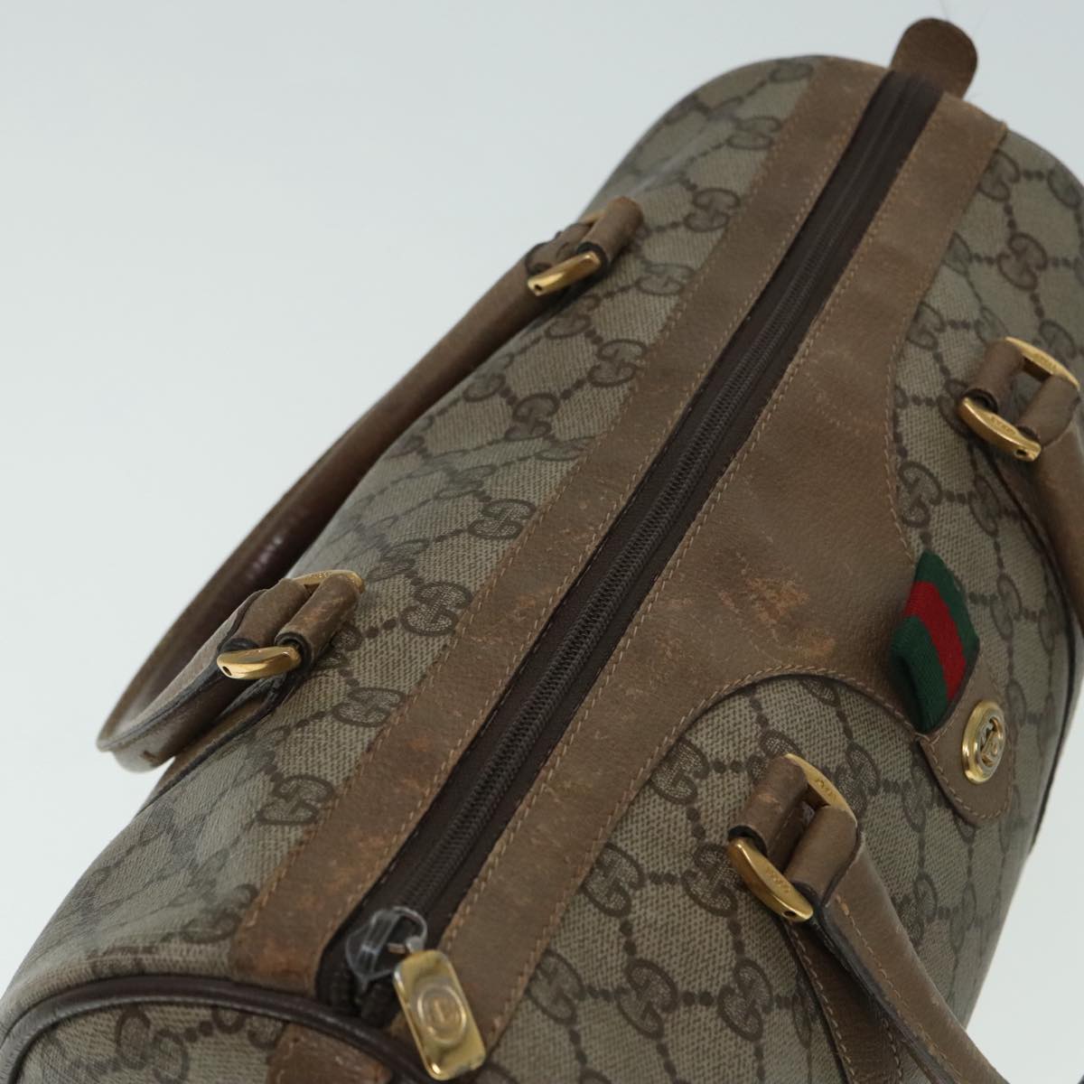 GUCCI GG Canvas Web Sherry Line Hand Bag PVC Leather Beige Green Red Auth 89098