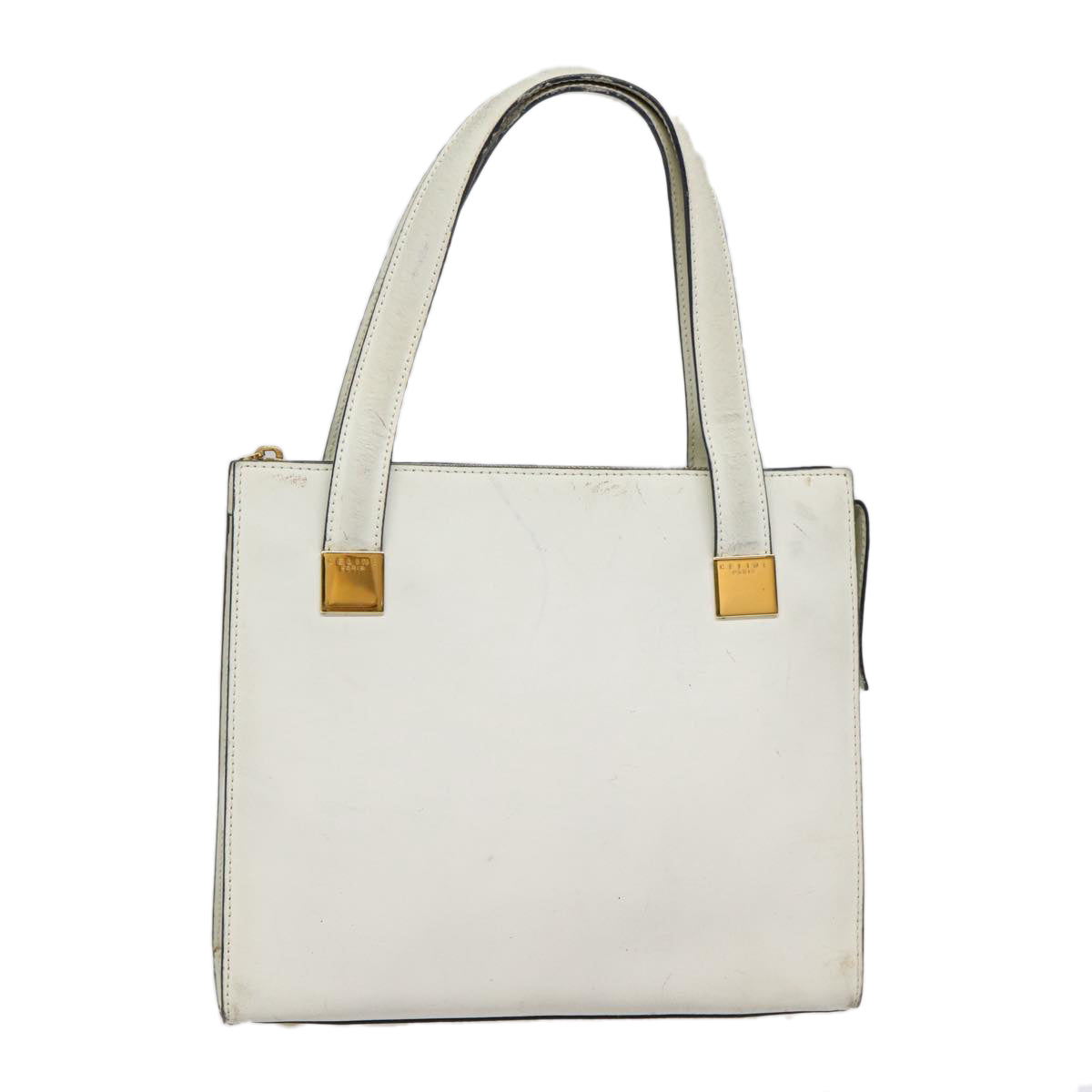 CELINE Hand Bag Leather White Gold Auth 89113