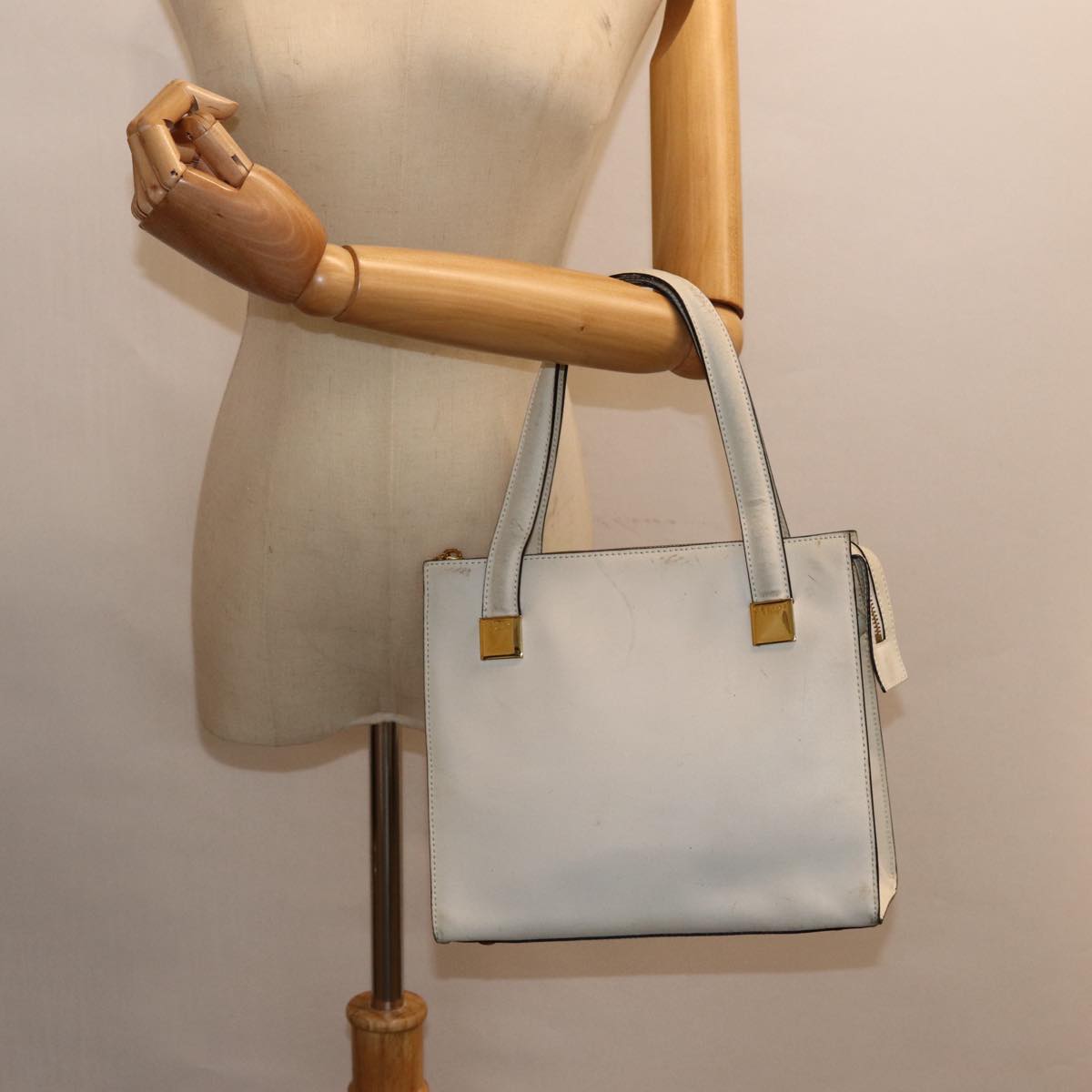 CELINE Hand Bag Leather White Gold Auth 89113