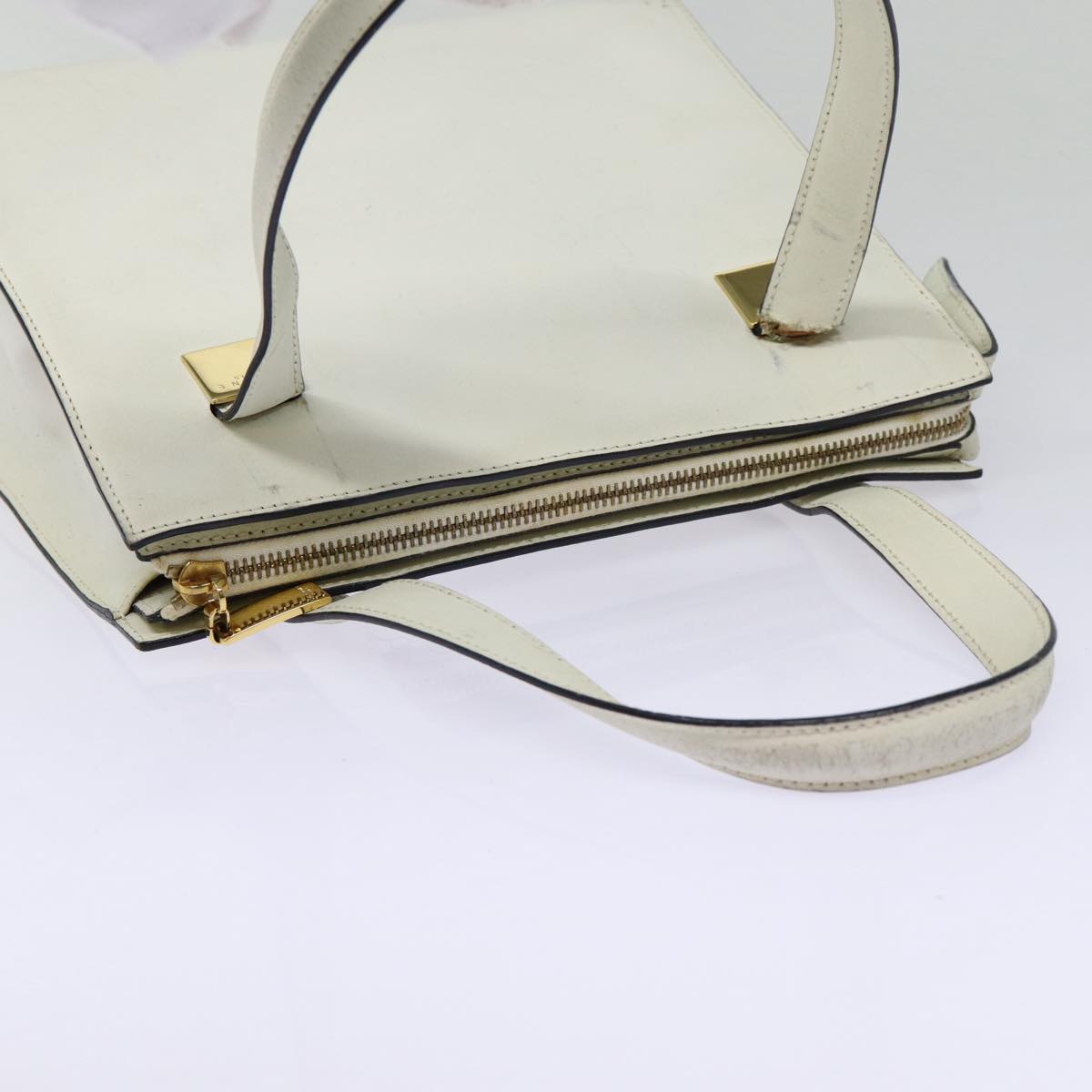 CELINE Hand Bag Leather White Gold Auth 89113