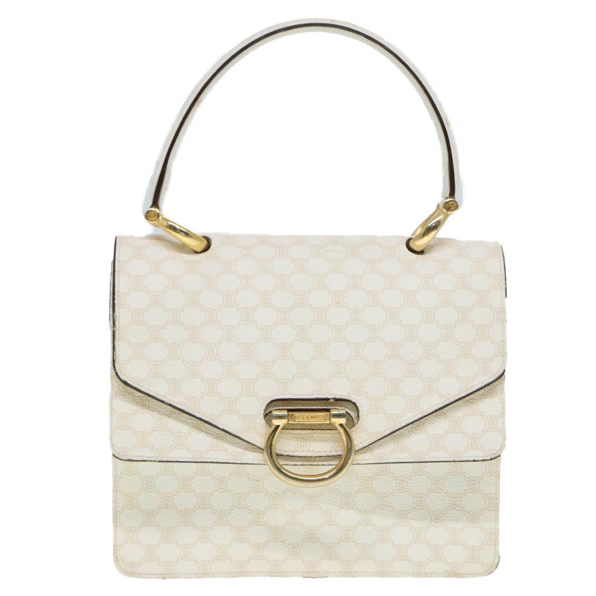 CELINE Macadam Canvas Hand Bag PVC White Gold Auth 89114