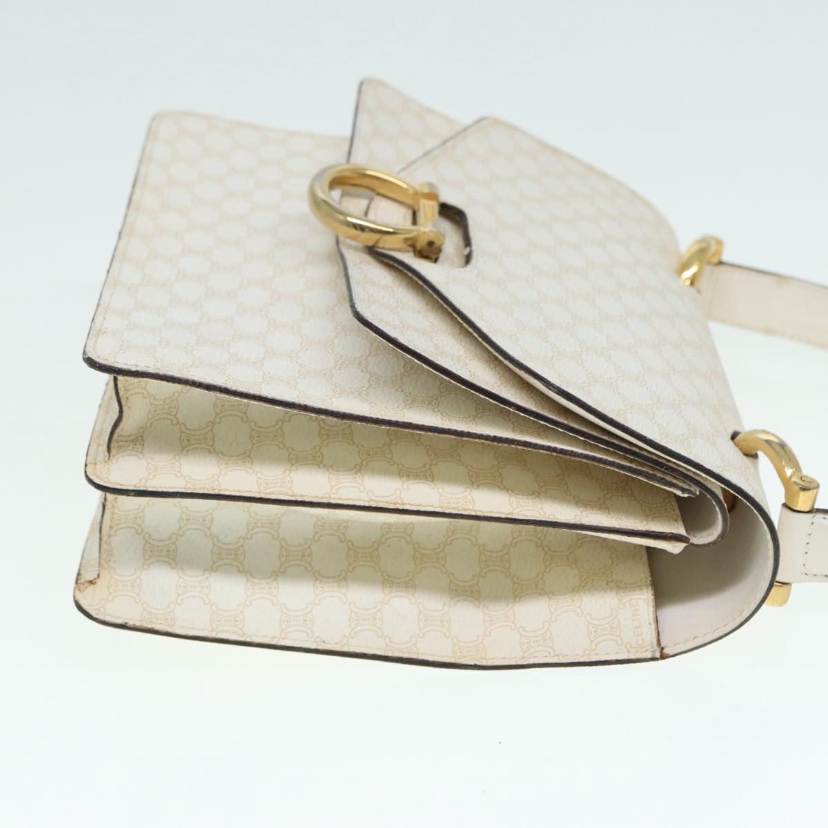 CELINE Macadam Canvas Hand Bag PVC White Gold Auth 89114