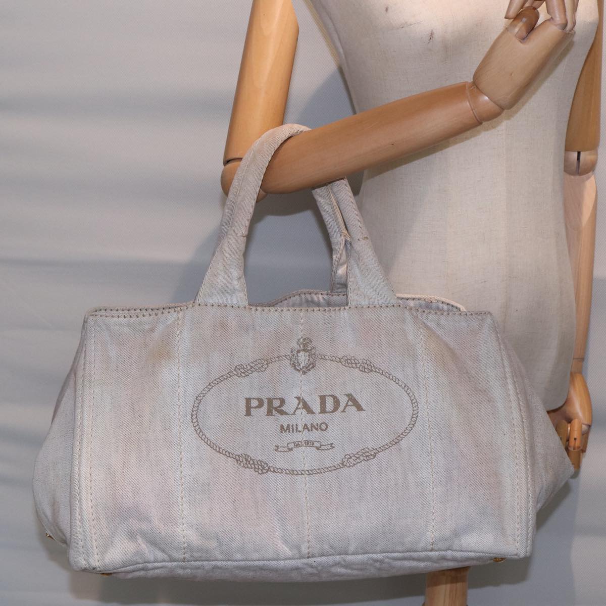 PRADA Canapa GM Hand Bag Canvas Gray Gold Auth 89131