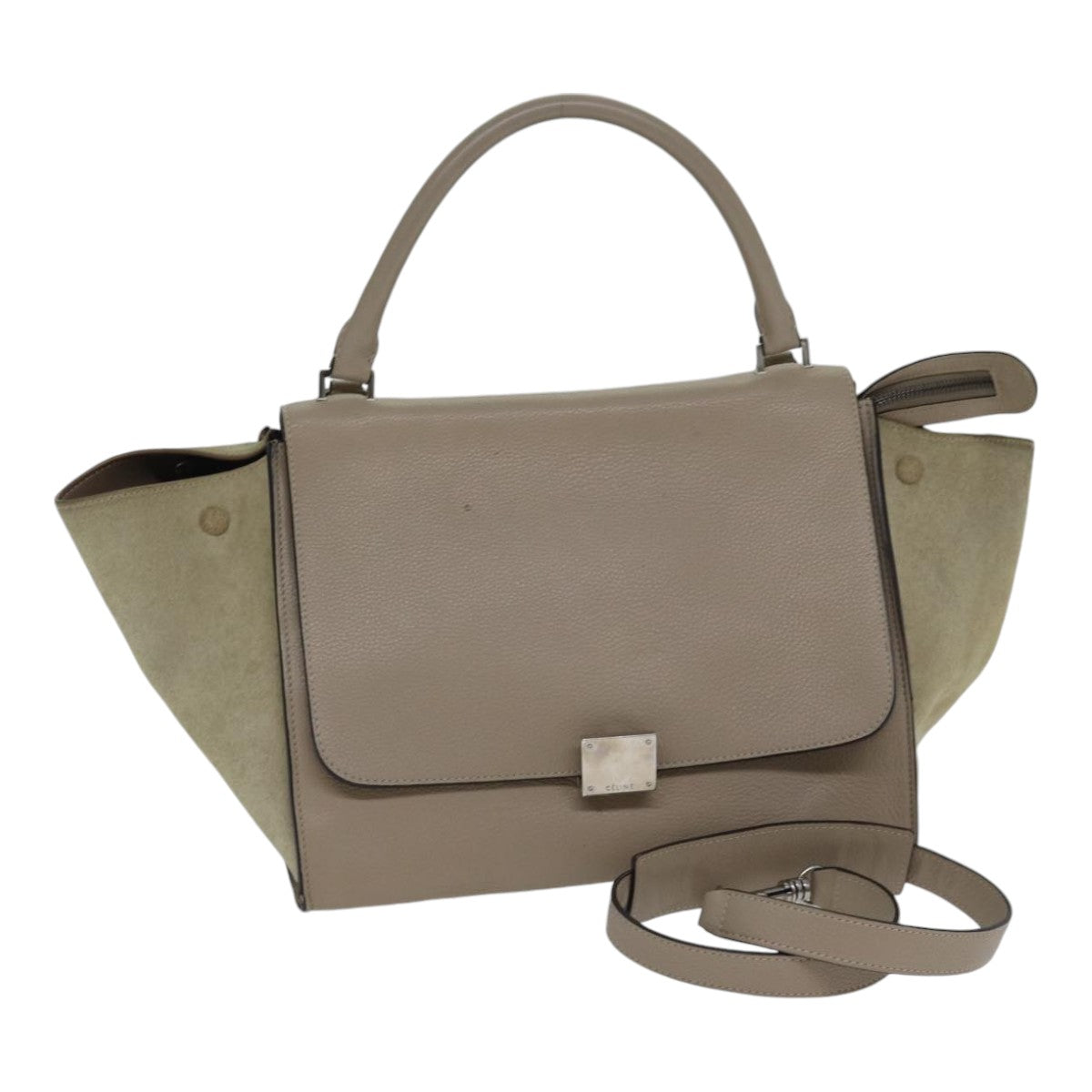 CELINE Trapeze Hand Bag Suede Leather 2way Silver Beige Auth 89145