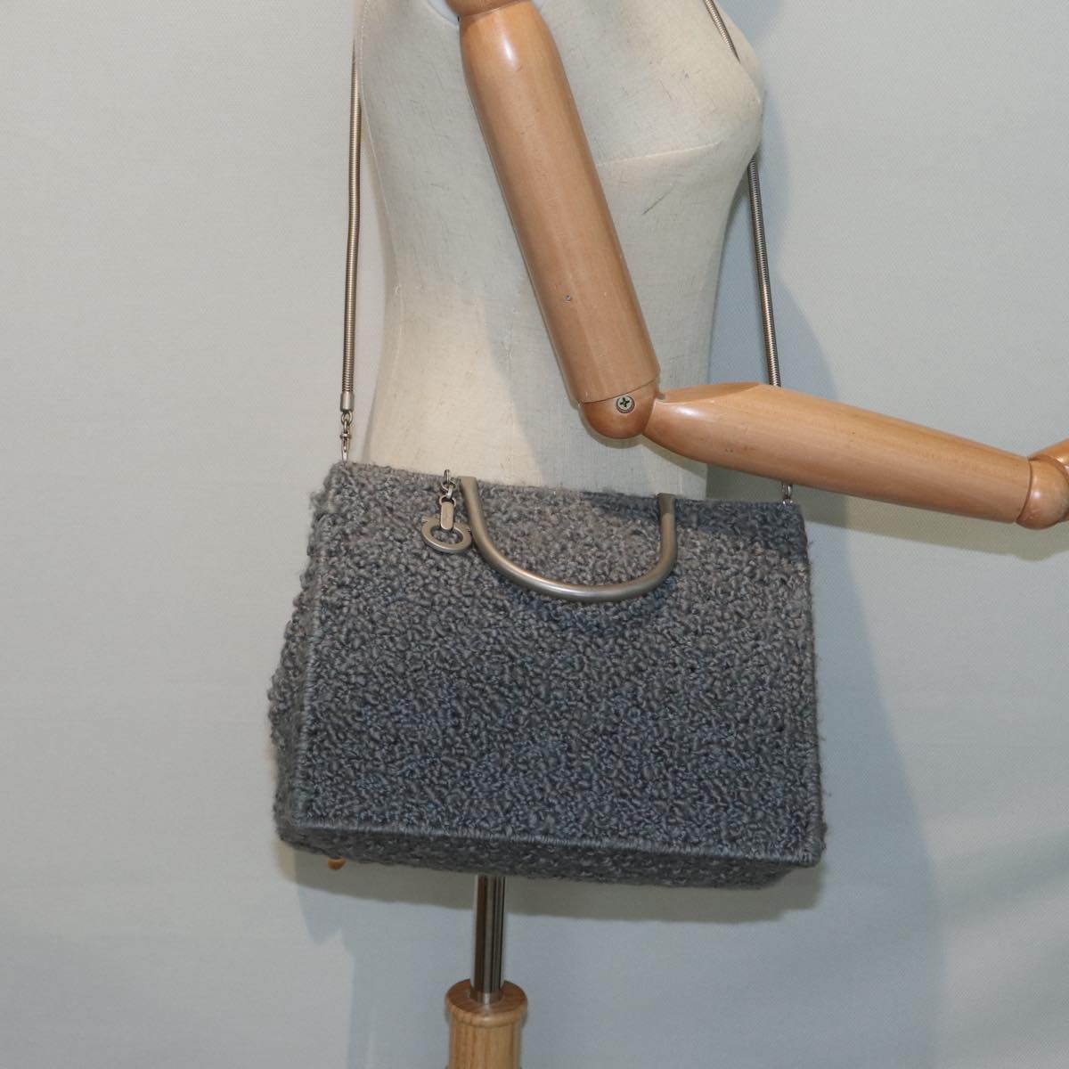 Salvatore Ferragamo Hand Bag Wool 2way Gray Silver Auth 89228