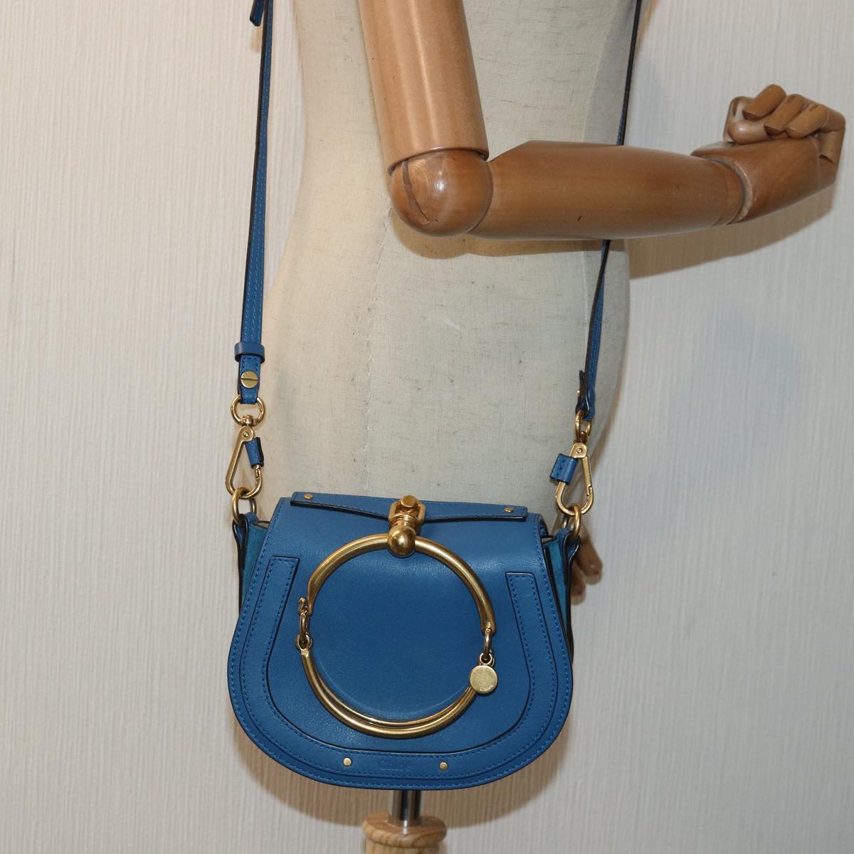 Chloe Nile Hand Bag Leather Suede 2way Blue Gold Auth 89234A