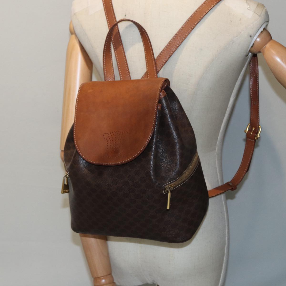 CELINE Macadam Canvas Backpack PVC Leather Brown Gold Auth 89236