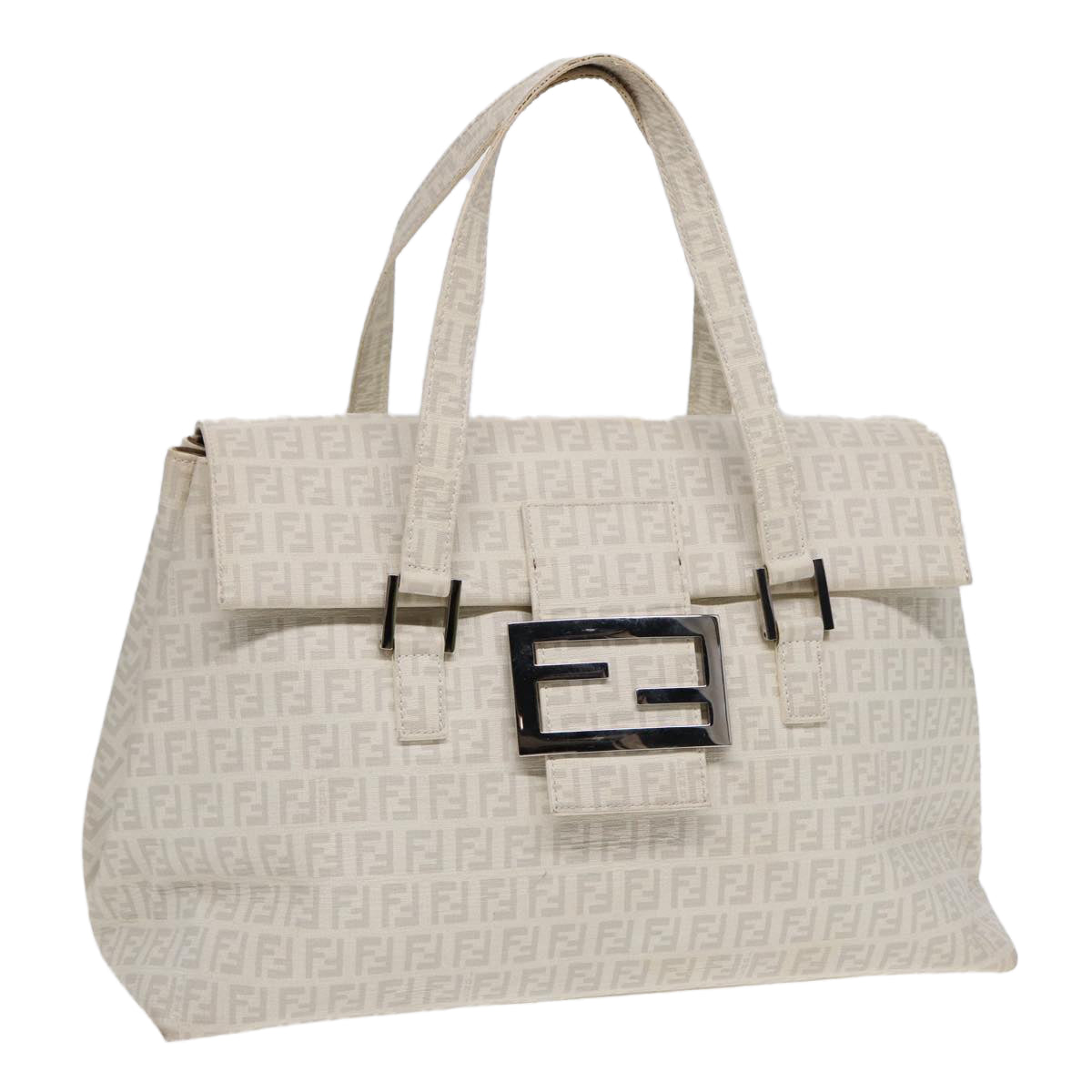 FENDI Zucchino Canvas Mamma Bucket Hand Bag White Silver Auth 89238