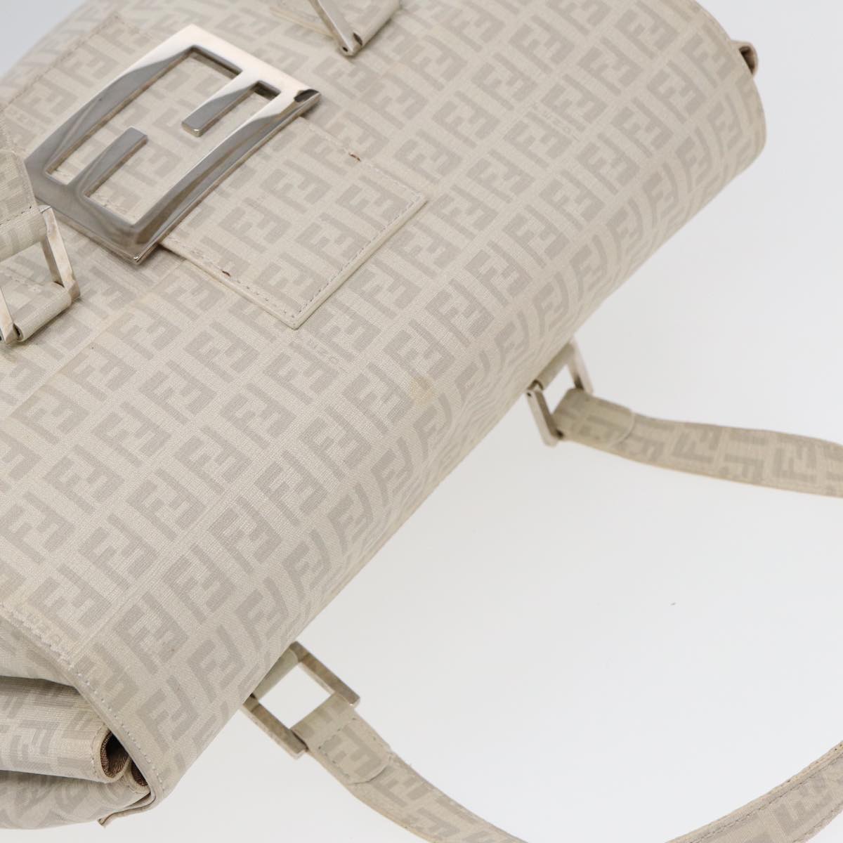 FENDI Zucchino Canvas Mamma Bucket Hand Bag White Silver Auth 89238