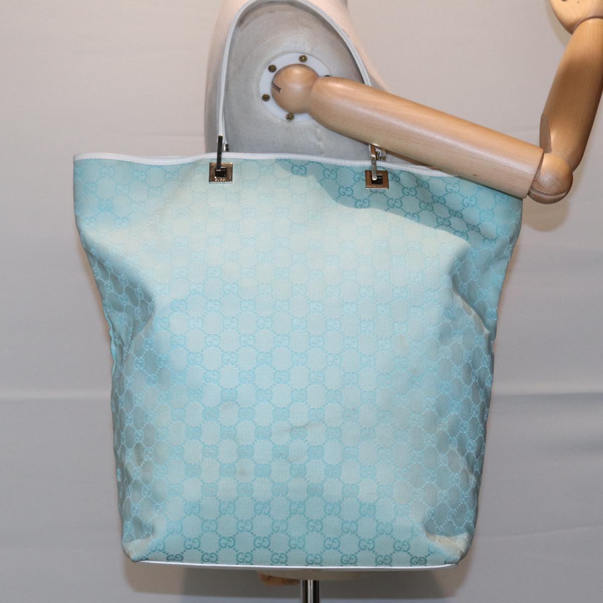 GUCCI GG Canvas Tote Bag Light Blue White Gold 002 1097 Auth 89242
