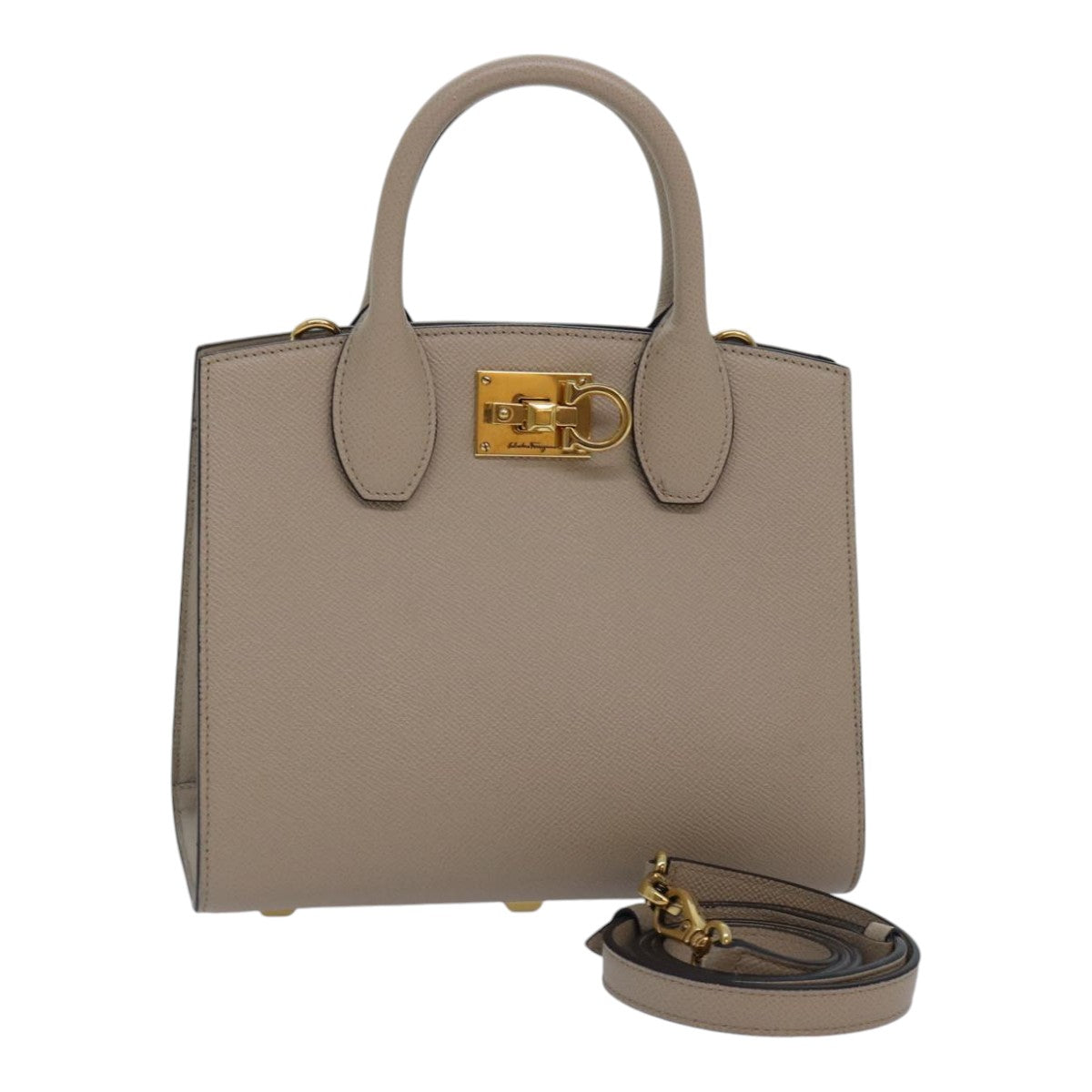 Salvatore Ferragamo Gancini Hand Bag Leather 2way Beige Gold Auth 89248A