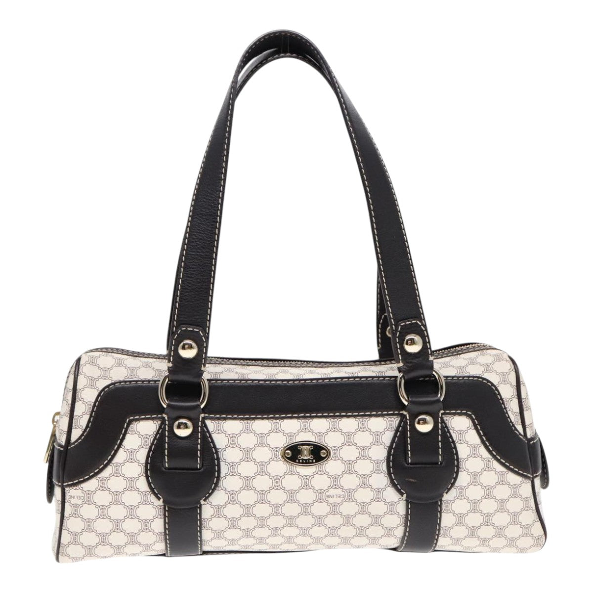 CELINE Macadam Canvas Hand Bag PVC White Gold Auth 89265